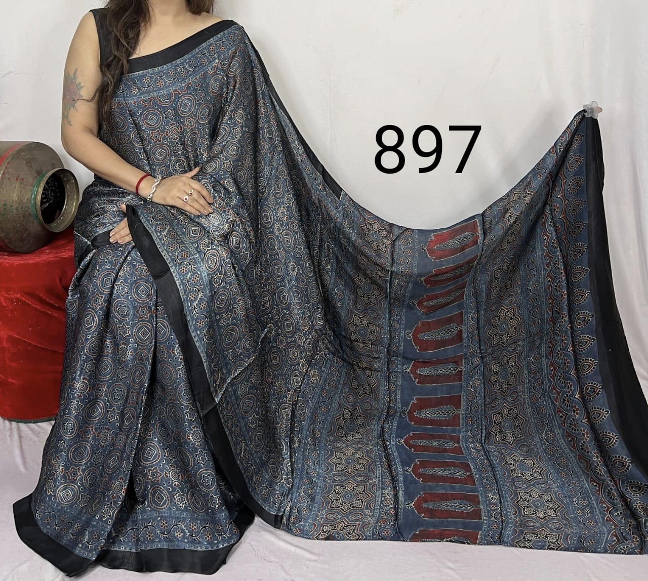 Grey Azrakh Print Hand Block Saree with Black Border - Anita Jain Fashions