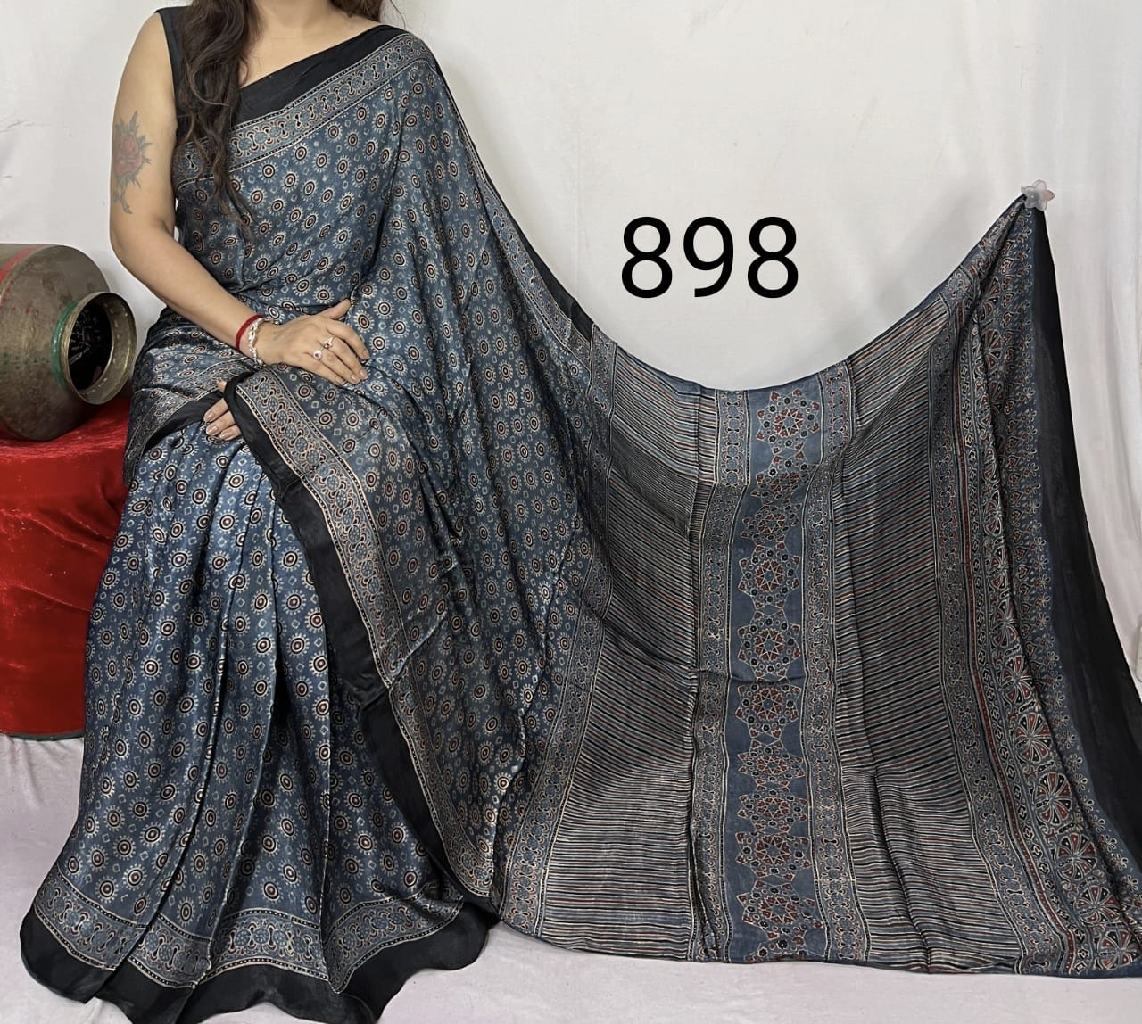 Grey Azrakh Print Hand Block Saree with Black Border - Anita Jain Fashions