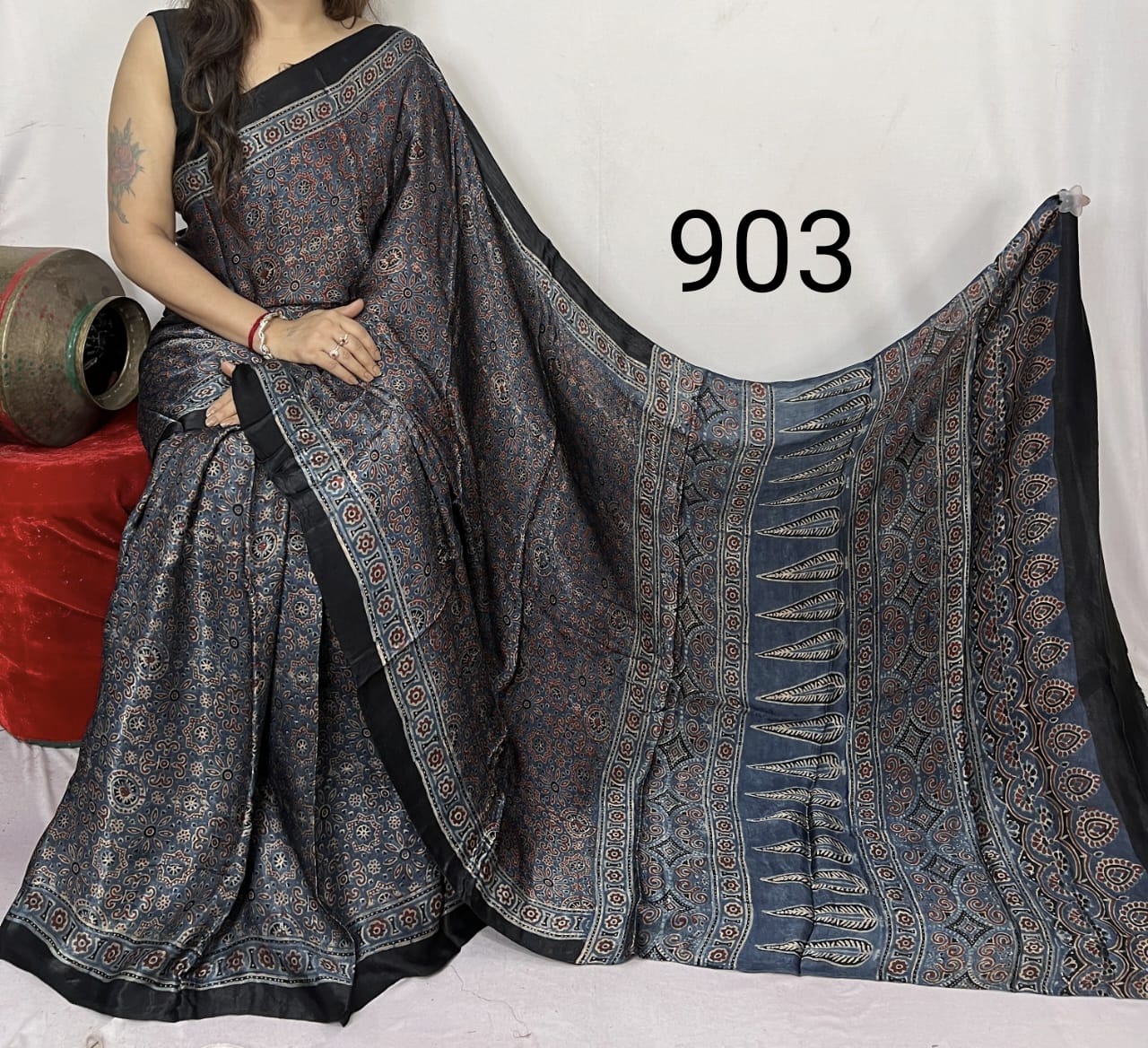 Grey Azrakh Print Hand Block Saree with Black Border - Anita Jain Fashions