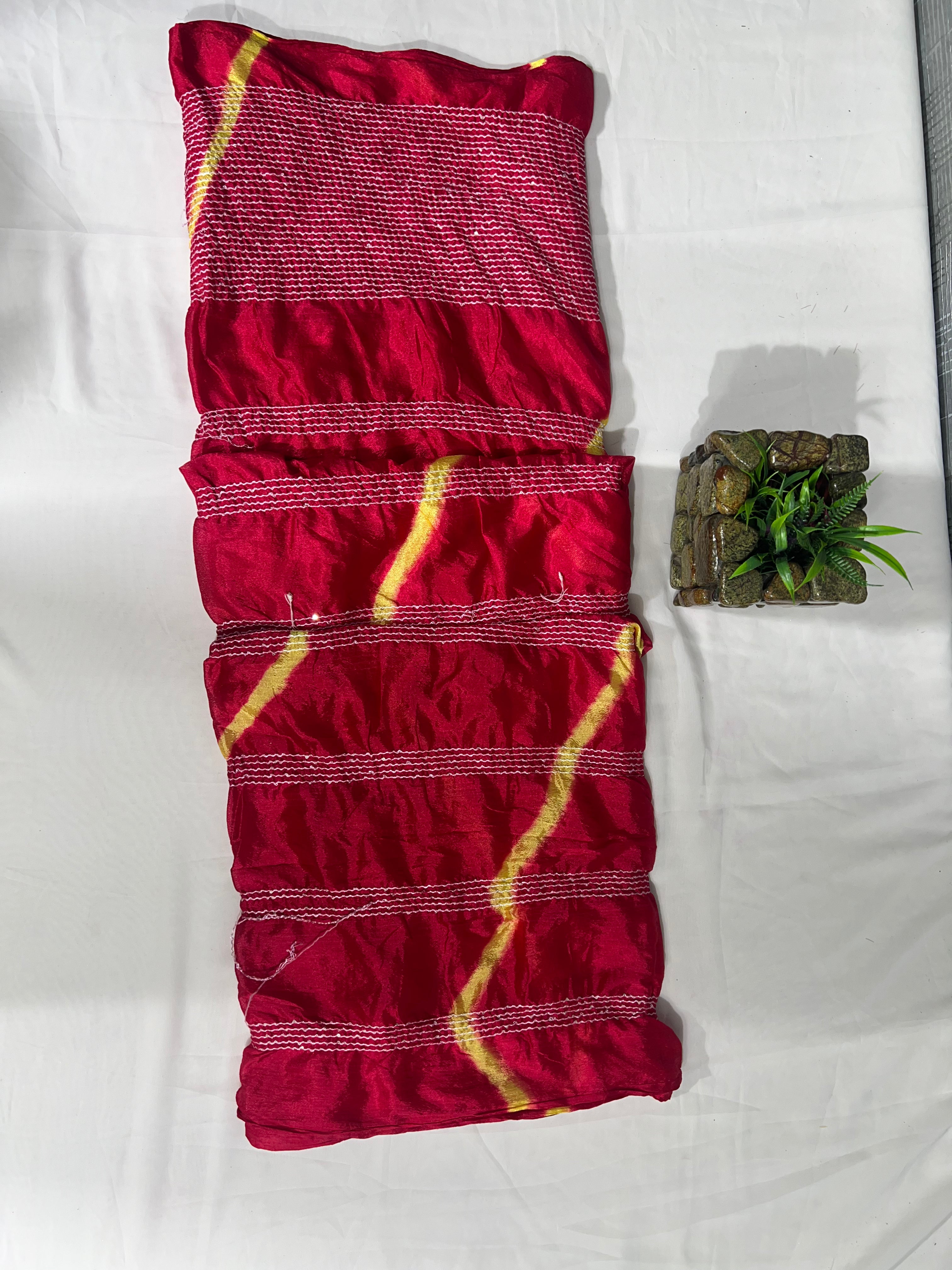 Rose Red Chiffon Saree with Thread Sequencing Lines & Lahriya Print (No Blouse) - Anita Jain Fashions