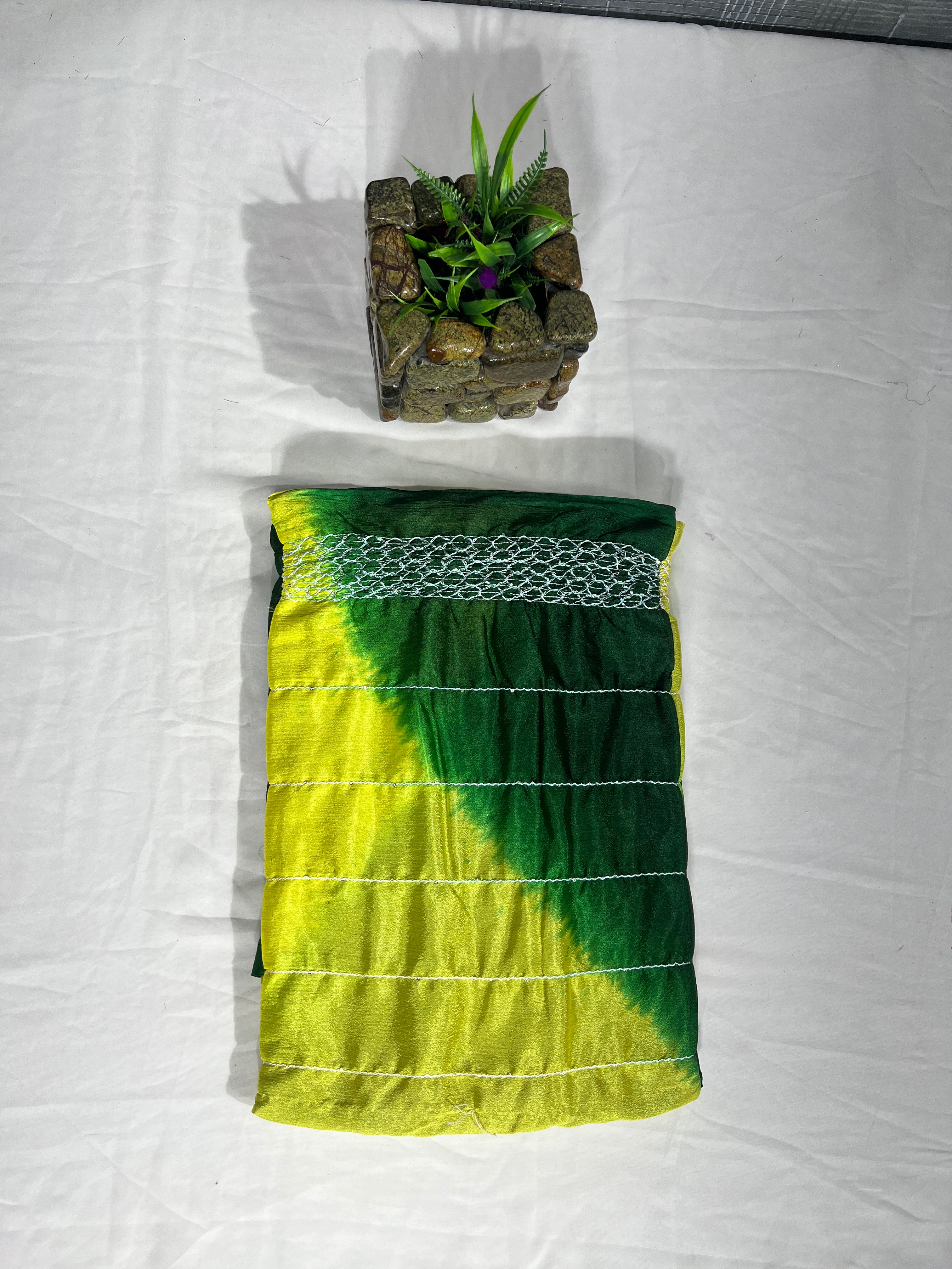 Lemon Yellow & Green Chiffon Saree with Thread Sequencing Lines & Lahriya Print (No Blouse) - Anita Jain Fashions