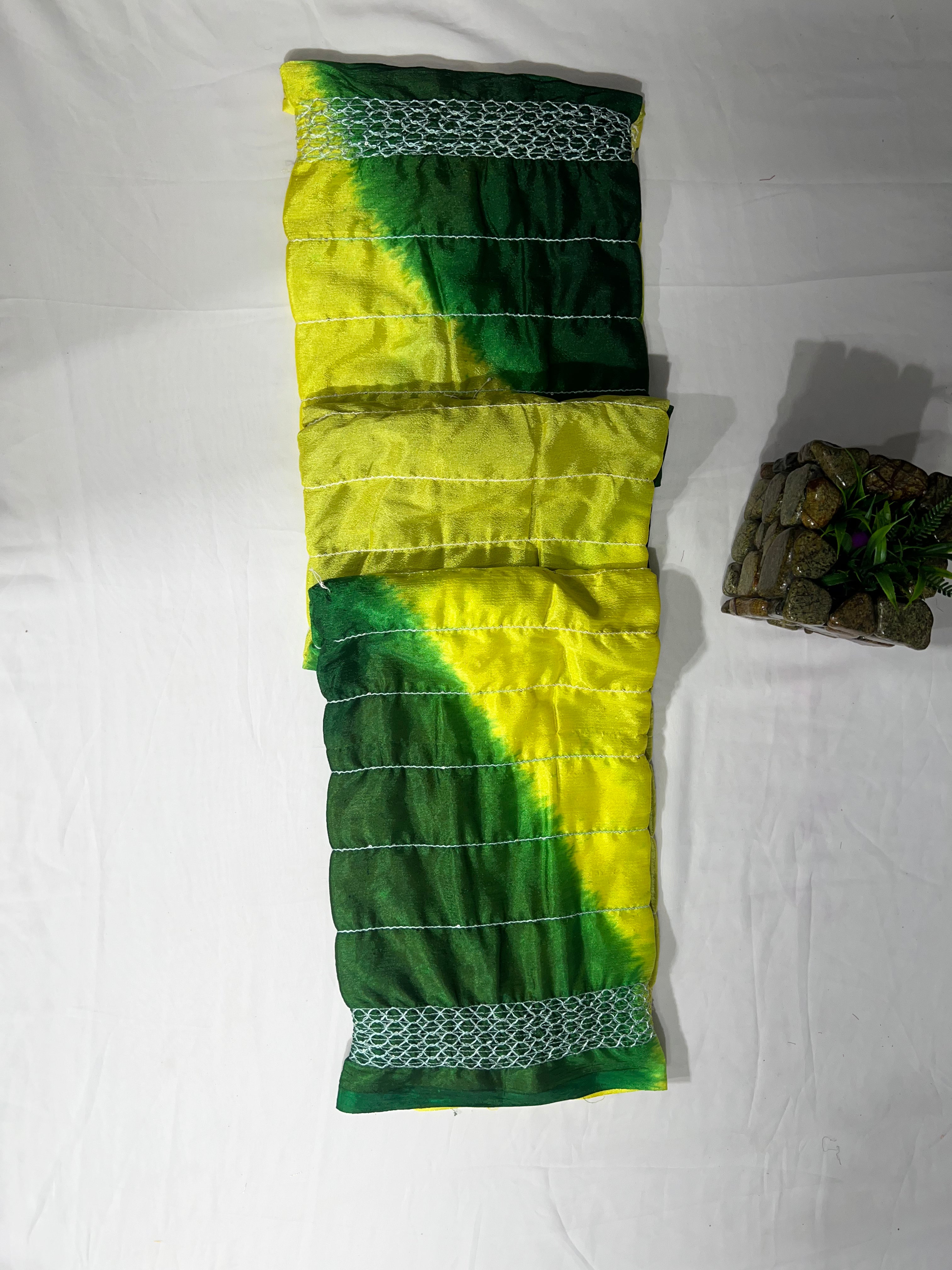 Lemon Yellow & Green Chiffon Saree with Thread Sequencing Lines & Lahriya Print (No Blouse) - Anita Jain Fashions