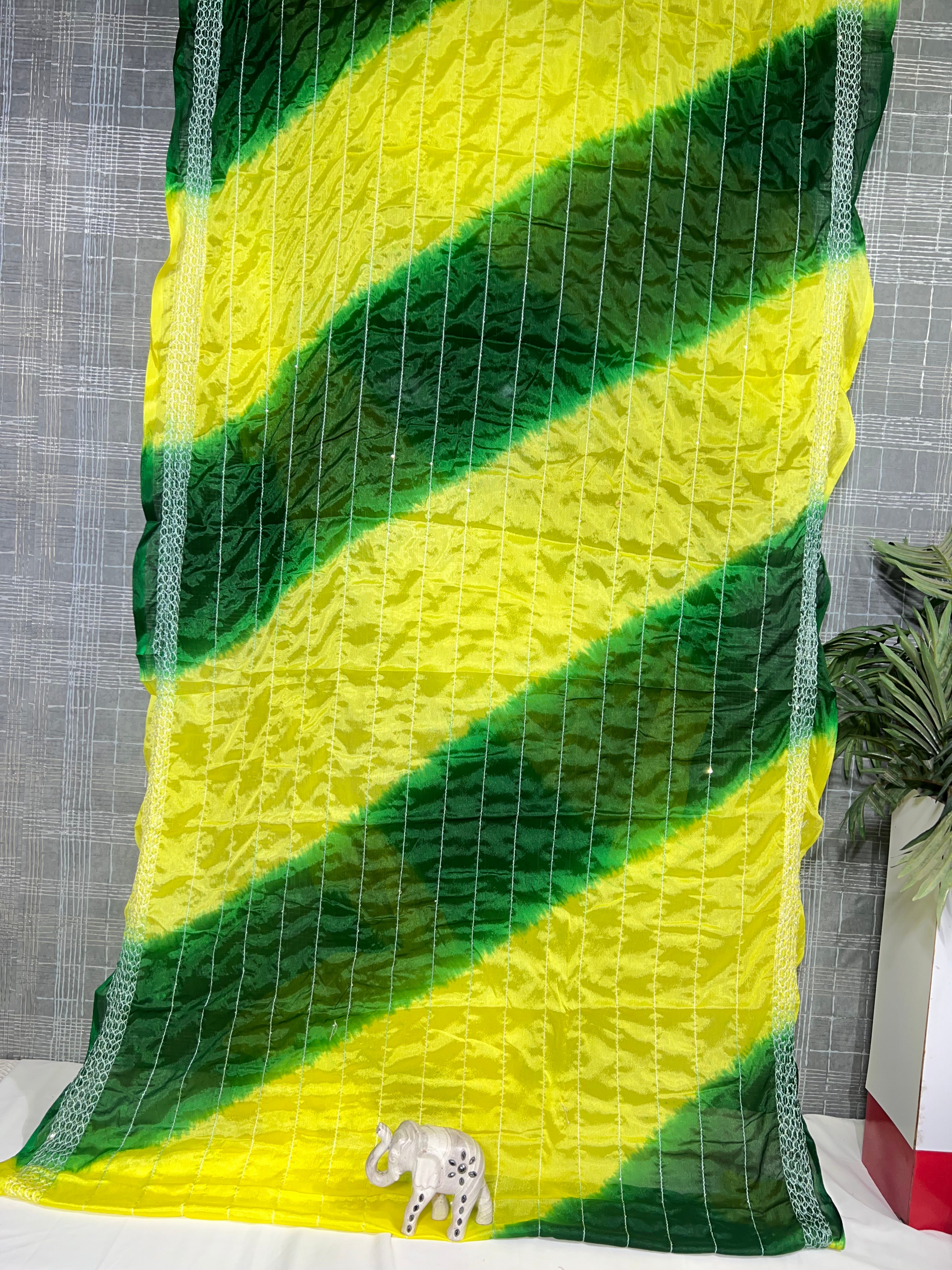 Lemon Yellow & Green Chiffon Saree with Thread Sequencing Lines & Lahriya Print (No Blouse) - Anita Jain Fashions