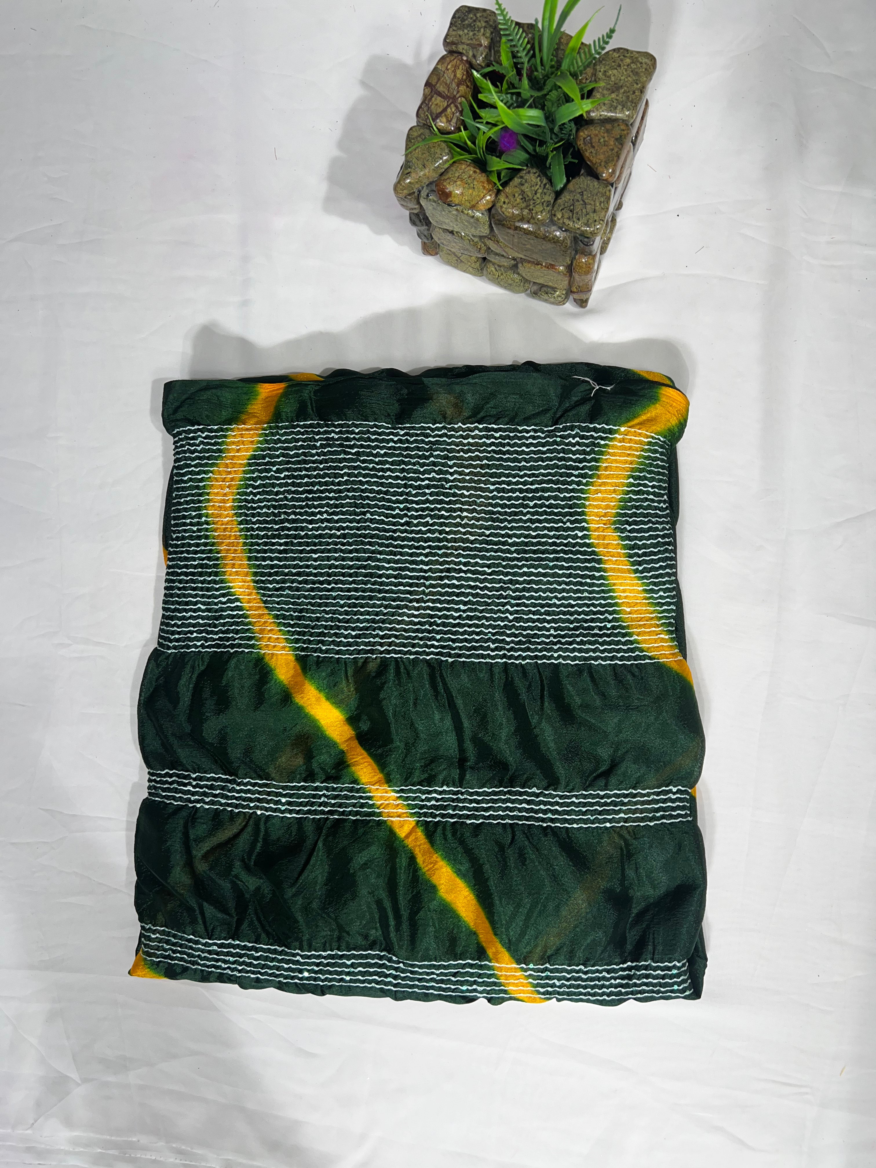 Green Chiffon Saree with Thread Sequencing Lines & Lahriya Print (No Blouse) - Anita Jain Fashions