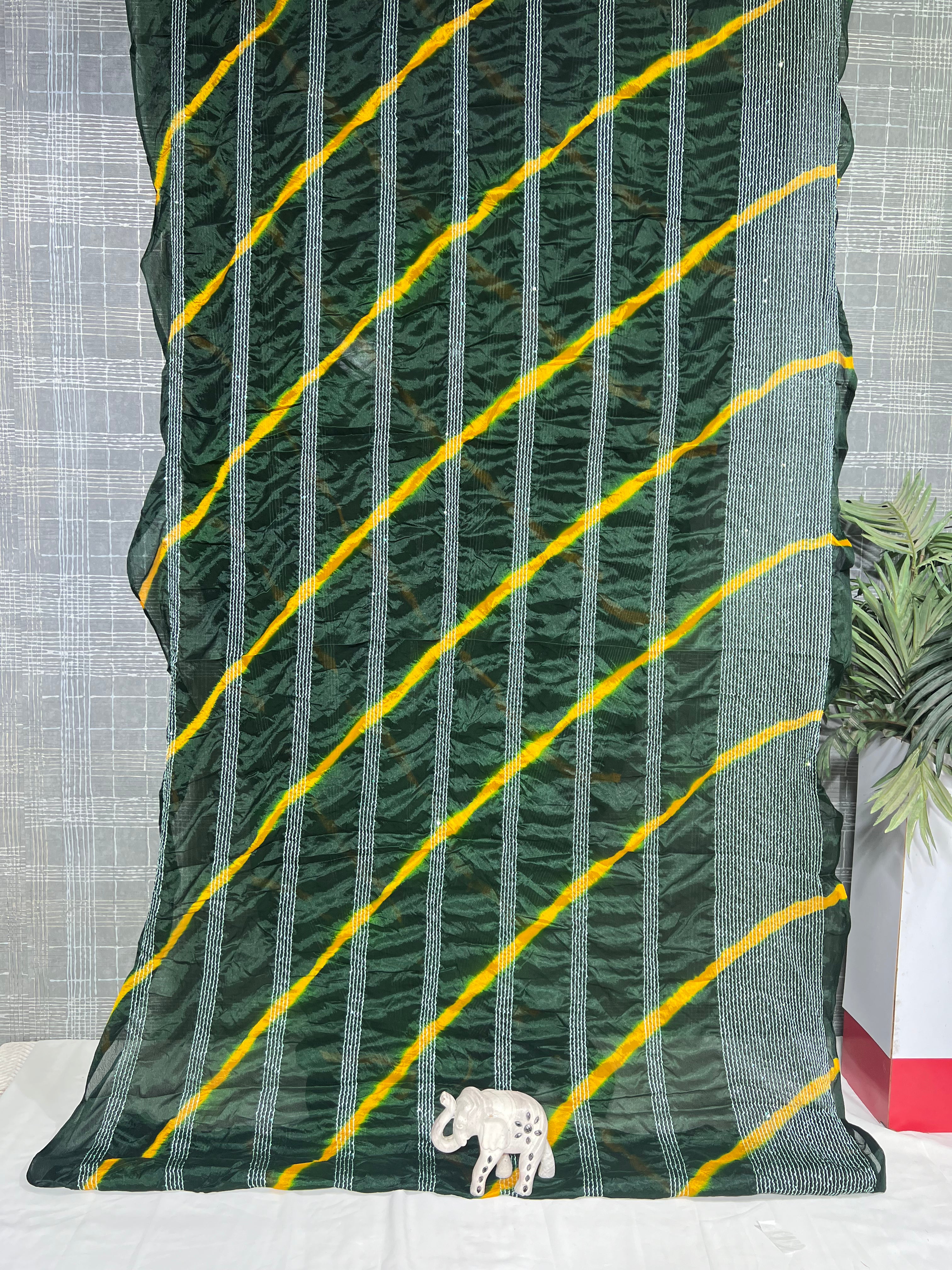 Green Chiffon Saree with Thread Sequencing Lines & Lahriya Print (No Blouse) - Anita Jain Fashions