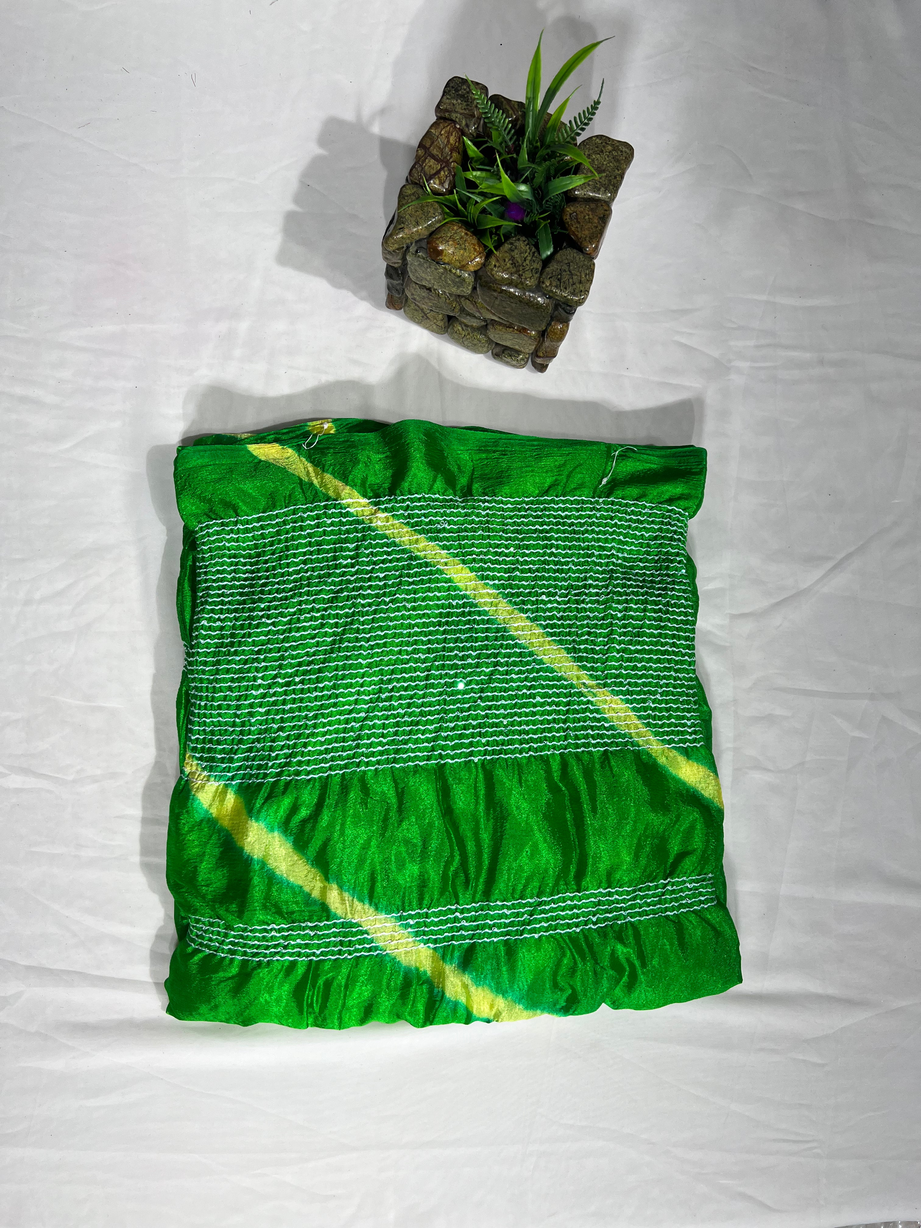 Parrot Green Chiffon Saree with Thread Sequencing Lines & Lahriya Print (No Blouse) - Anita Jain Fashions