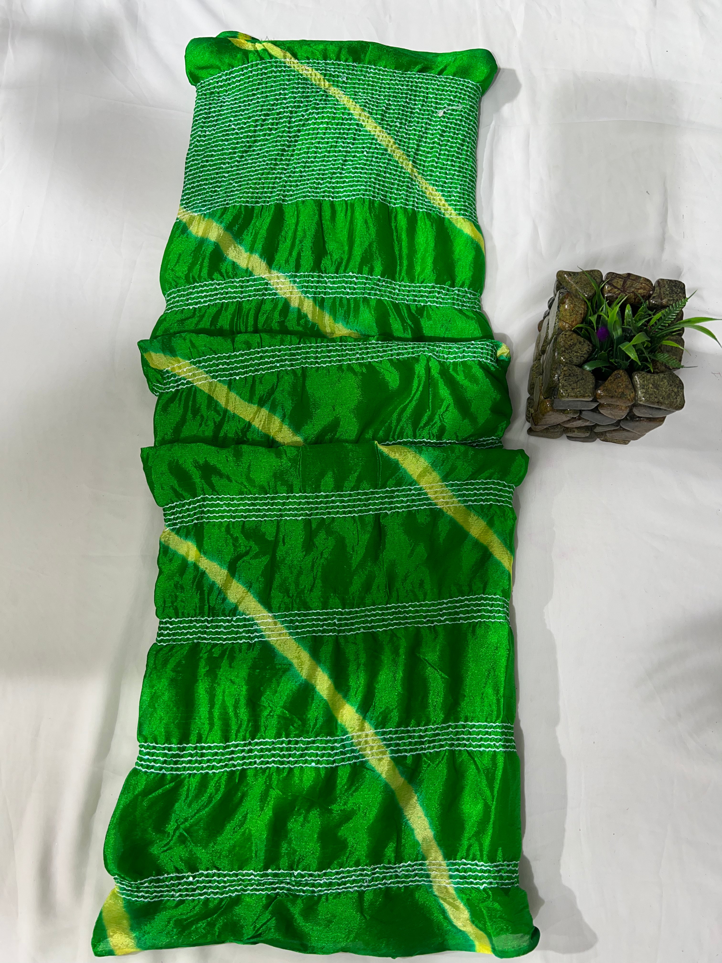 Parrot Green Chiffon Saree with Thread Sequencing Lines & Lahriya Print (No Blouse) - Anita Jain Fashions