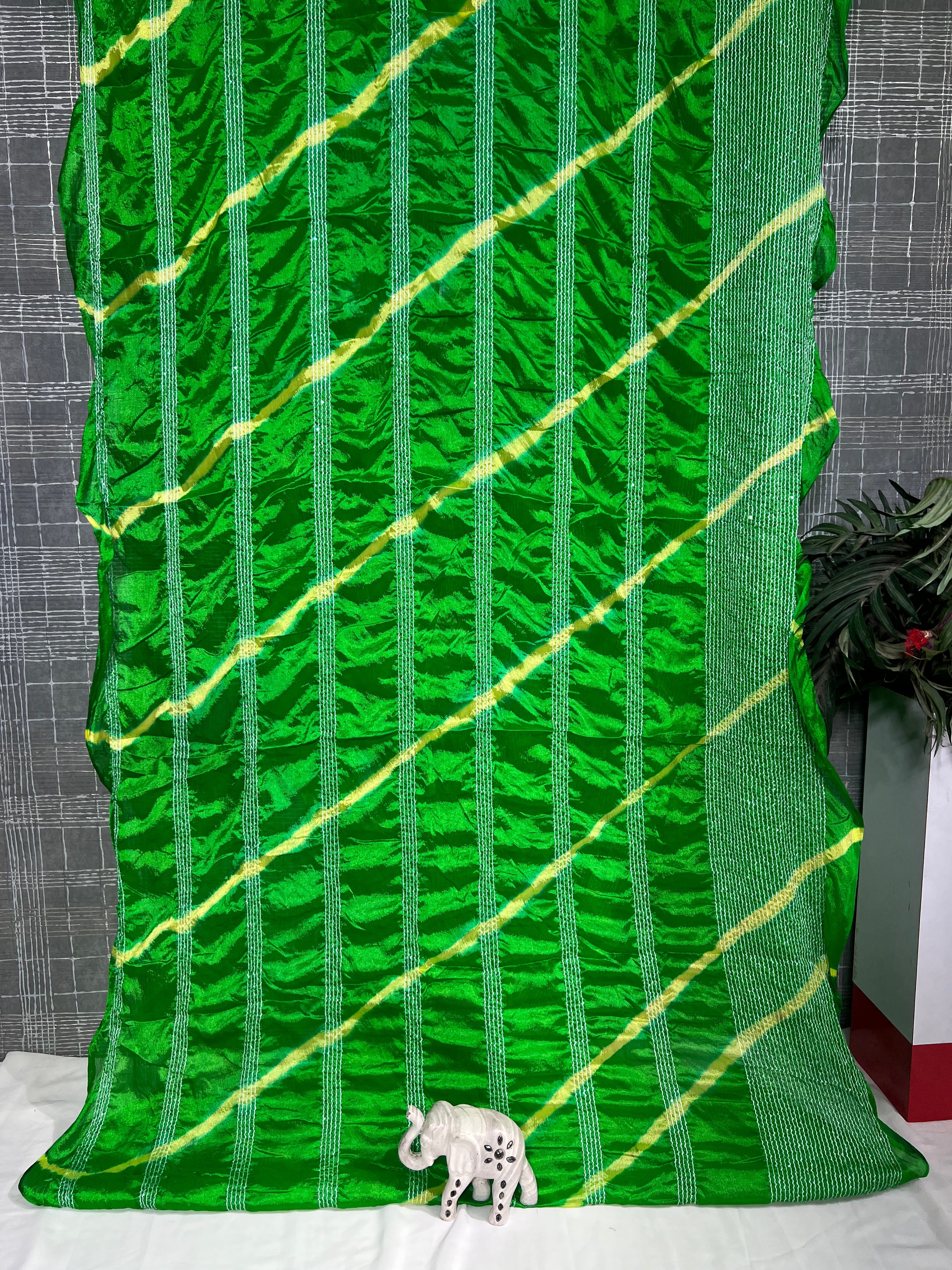 Parrot Green Chiffon Saree with Thread Sequencing Lines & Lahriya Print (No Blouse) - Anita Jain Fashions