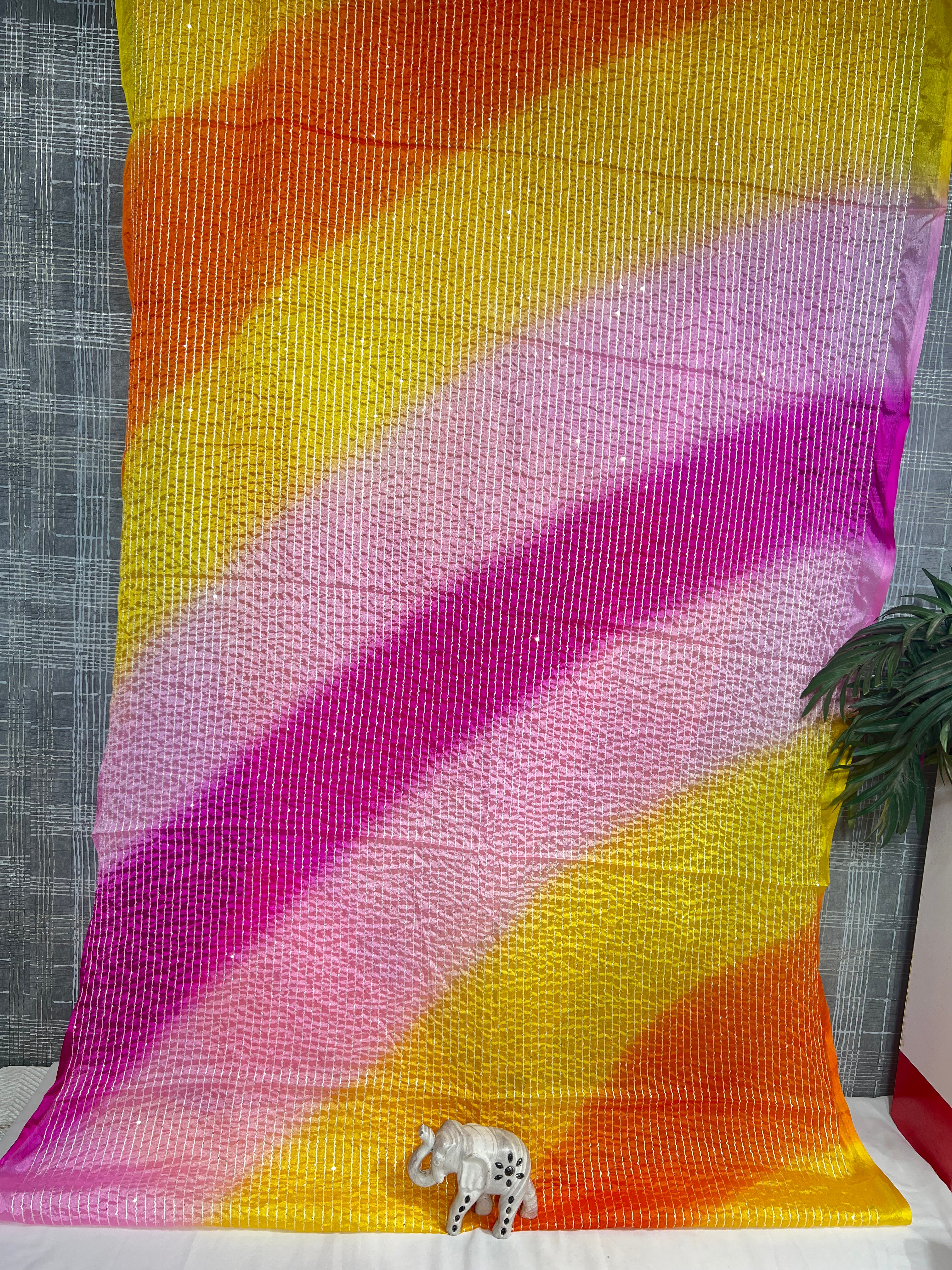 Multicolour Chiffon Saree with Thread Sequencing Lines (No Blouse) - Anita Jain Fashions