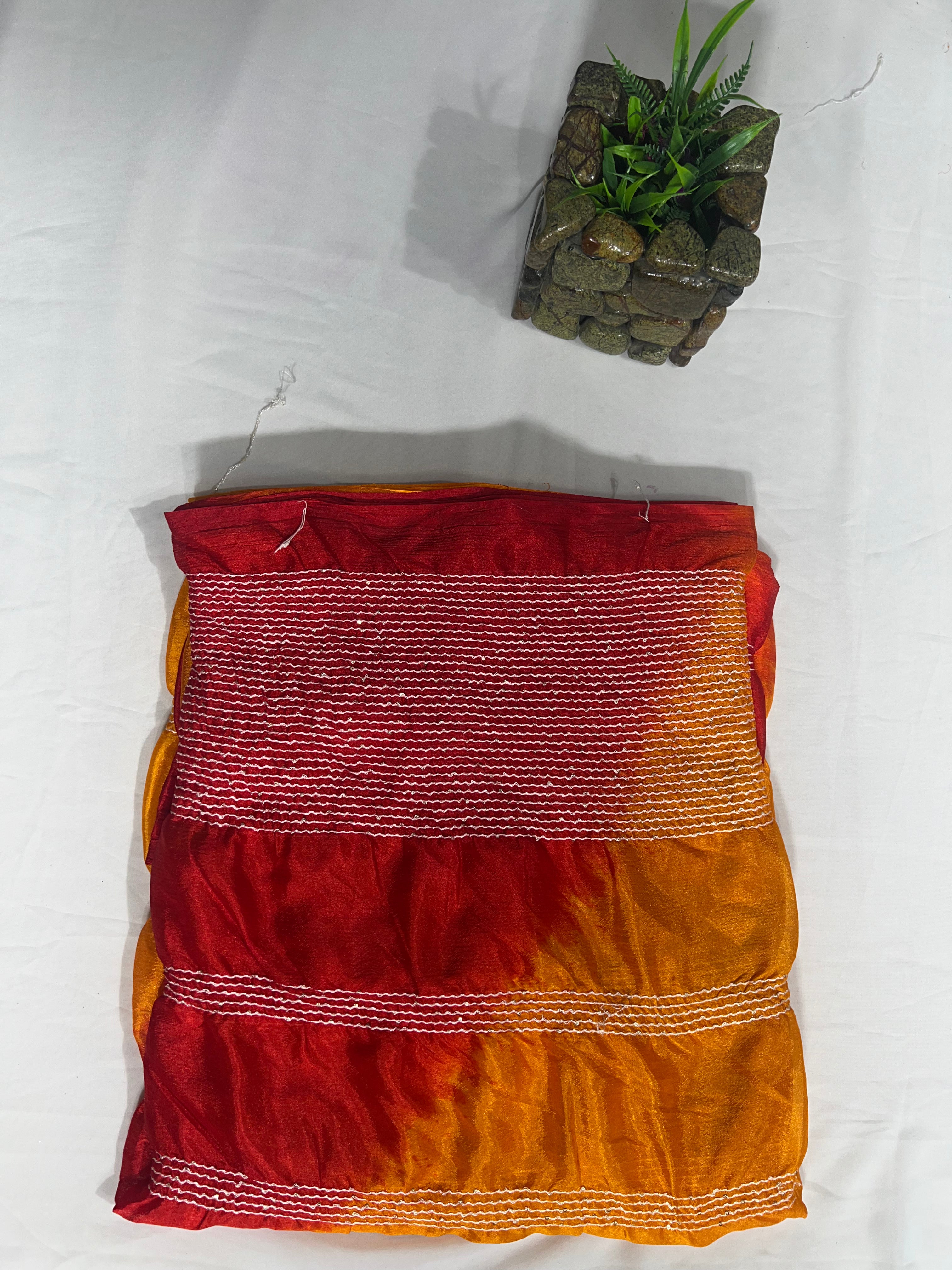 Red Yellow Shibori Print Chiffon Saree with Thread Sequencing & Lahriya Print (No Blouse) - Anita Jain Fashions