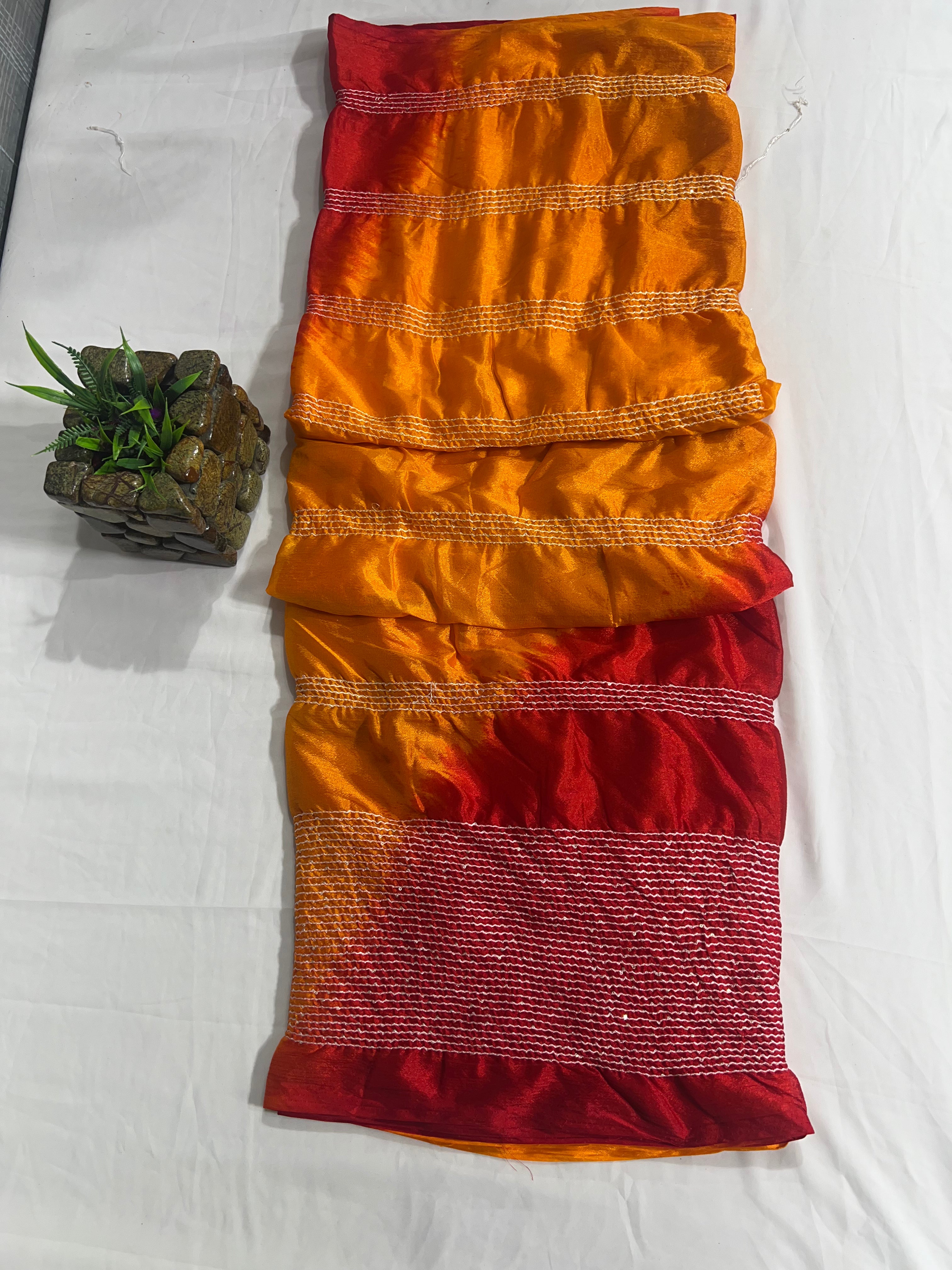 Red Yellow Shibori Print Chiffon Saree with Thread Sequencing & Lahriya Print (No Blouse) - Anita Jain Fashions