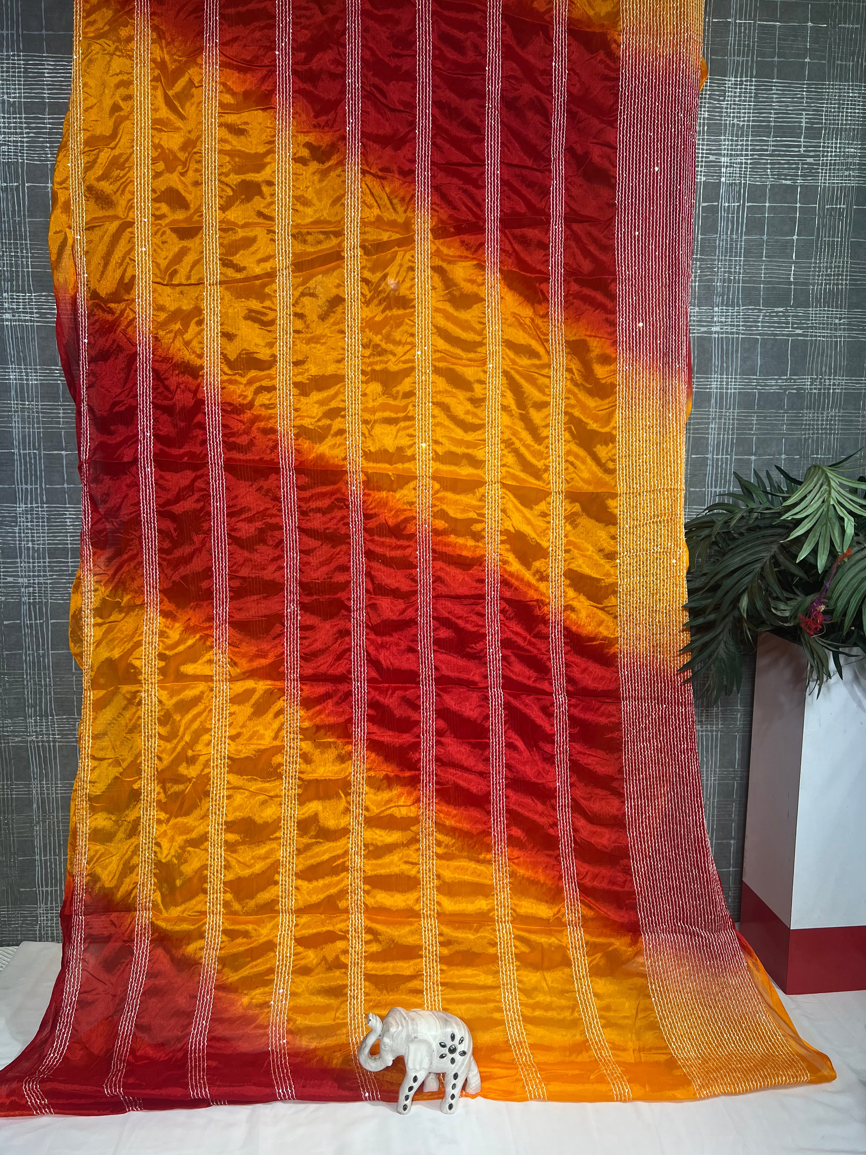 Red Yellow Shibori Print Chiffon Saree with Thread Sequencing & Lahriya Print (No Blouse) - Anita Jain Fashions