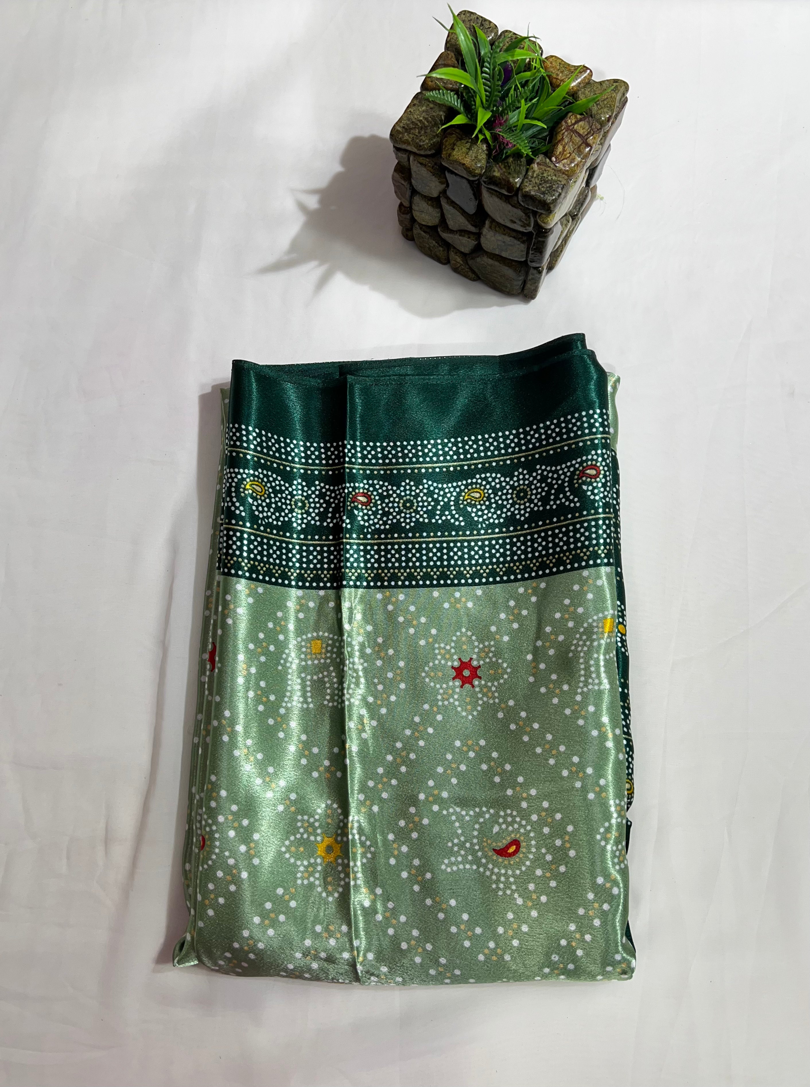 Light Green Crystal Crepe Dotted Print Saree with Beautiful Border & Pallu - Anita Jain Fashions