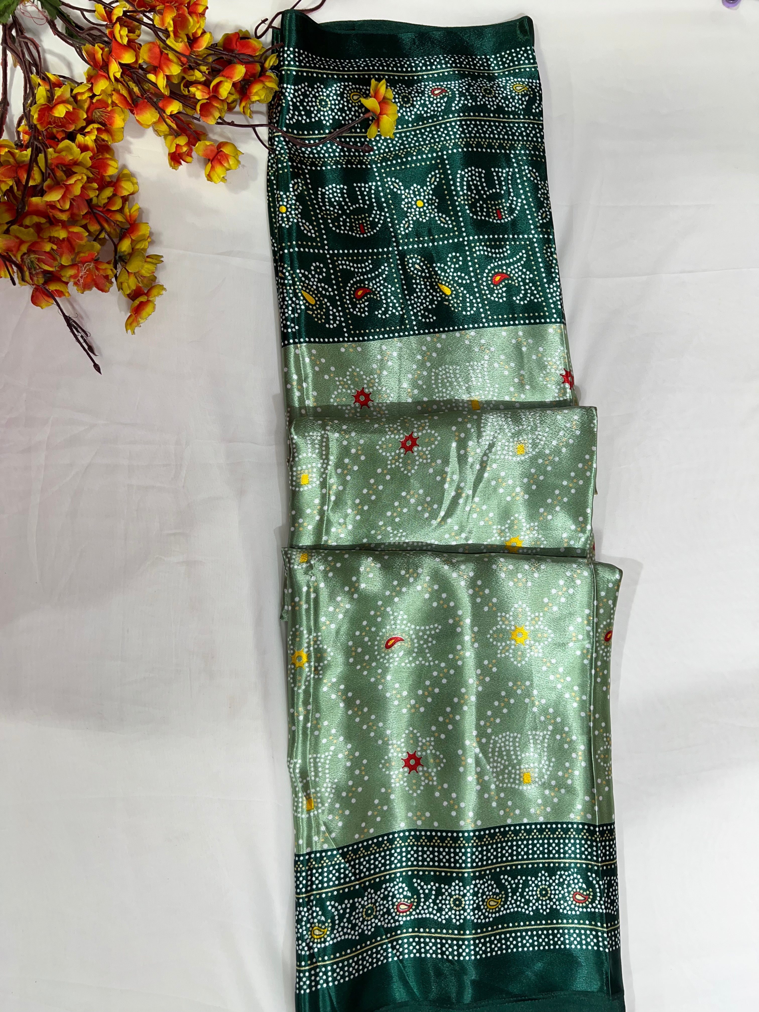 Light Green Crystal Crepe Dotted Print Saree with Beautiful Border & Pallu - Anita Jain Fashions