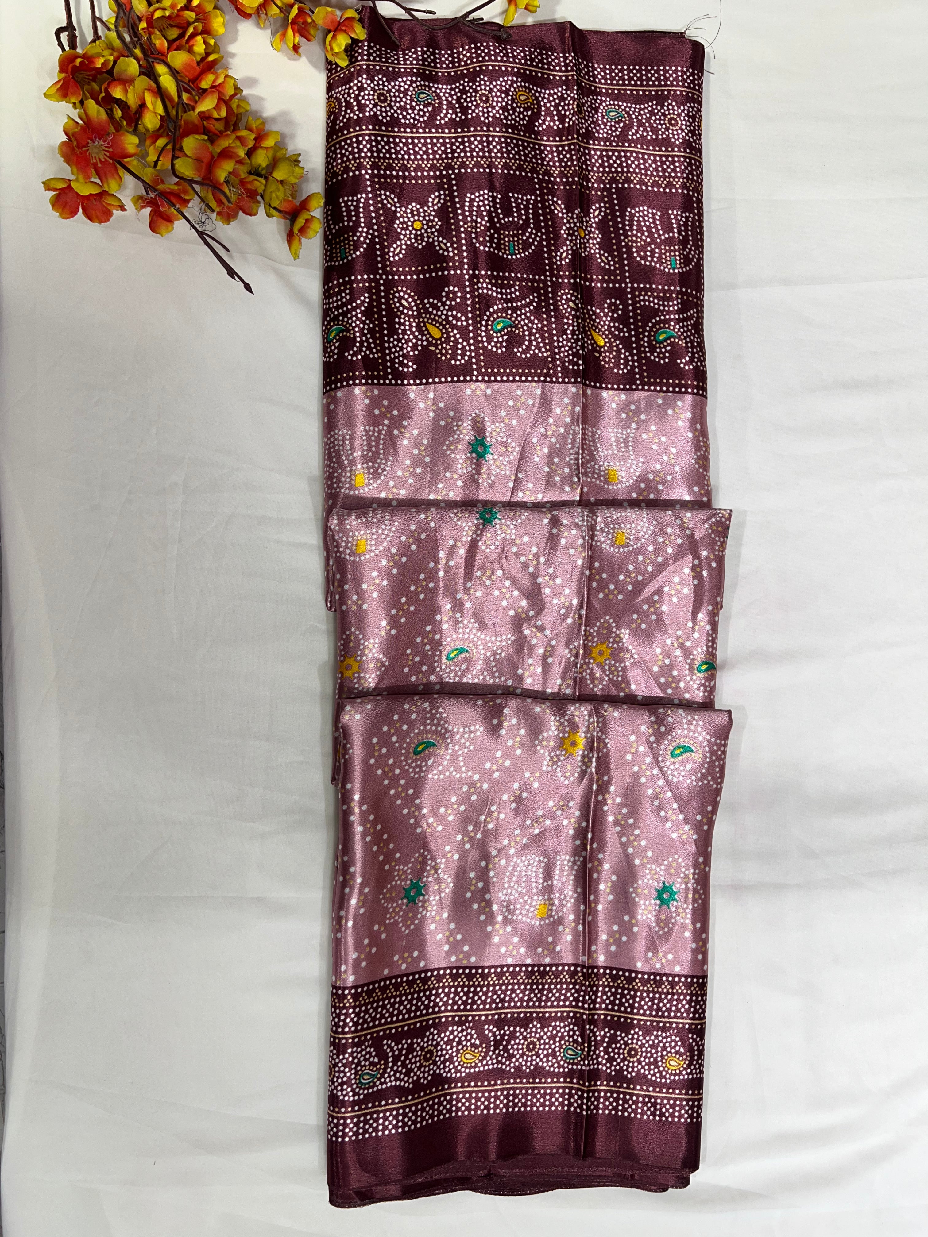 Dusty Pink Crystal Crepe Dotted Print Saree with Beautiful Border & Pallu - Anita Jain Fashions