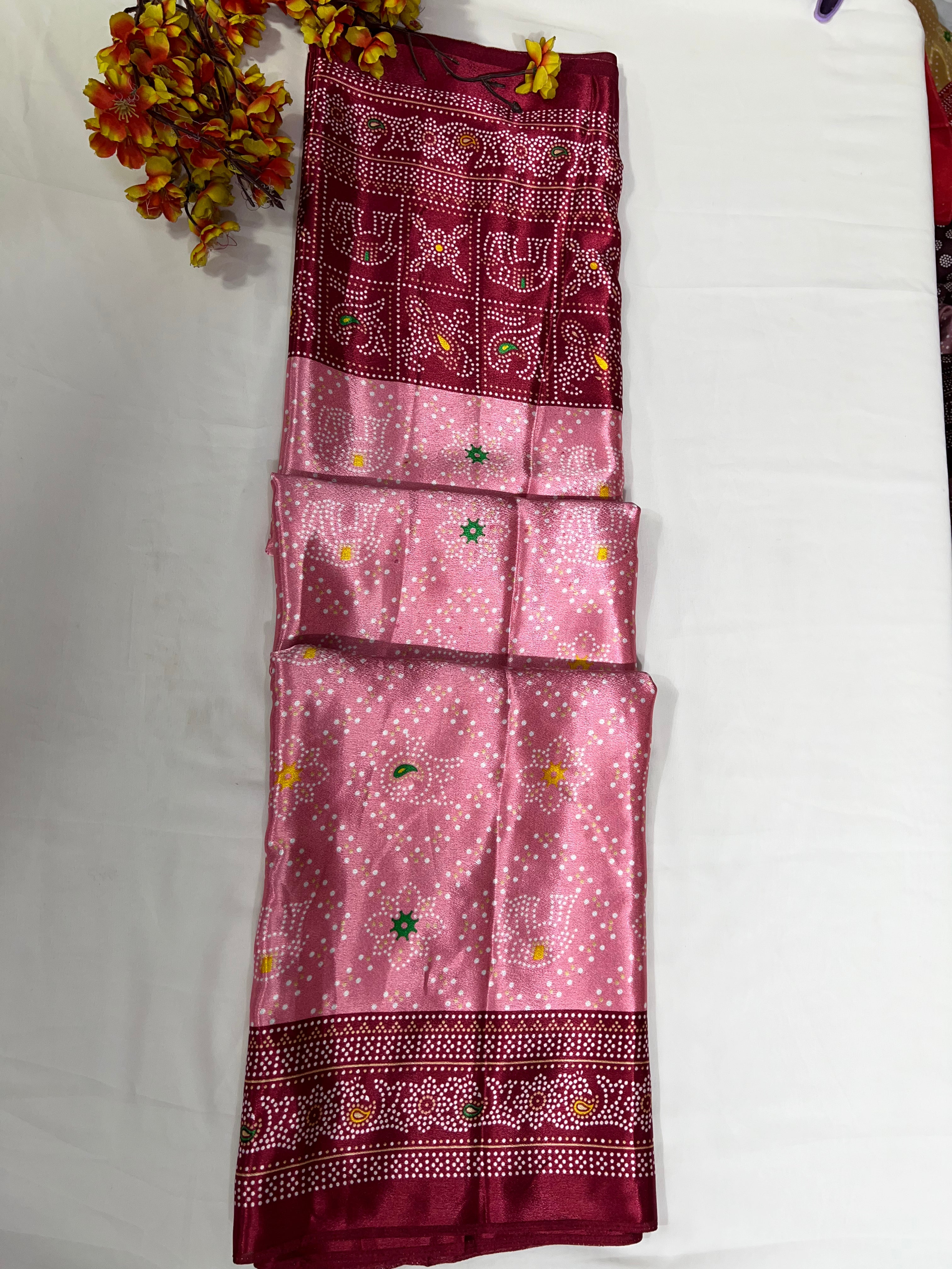 Baby Pink Crystal Crepe Dotted Print Saree with Beautiful Border & Pallu - Anita Jain Fashions