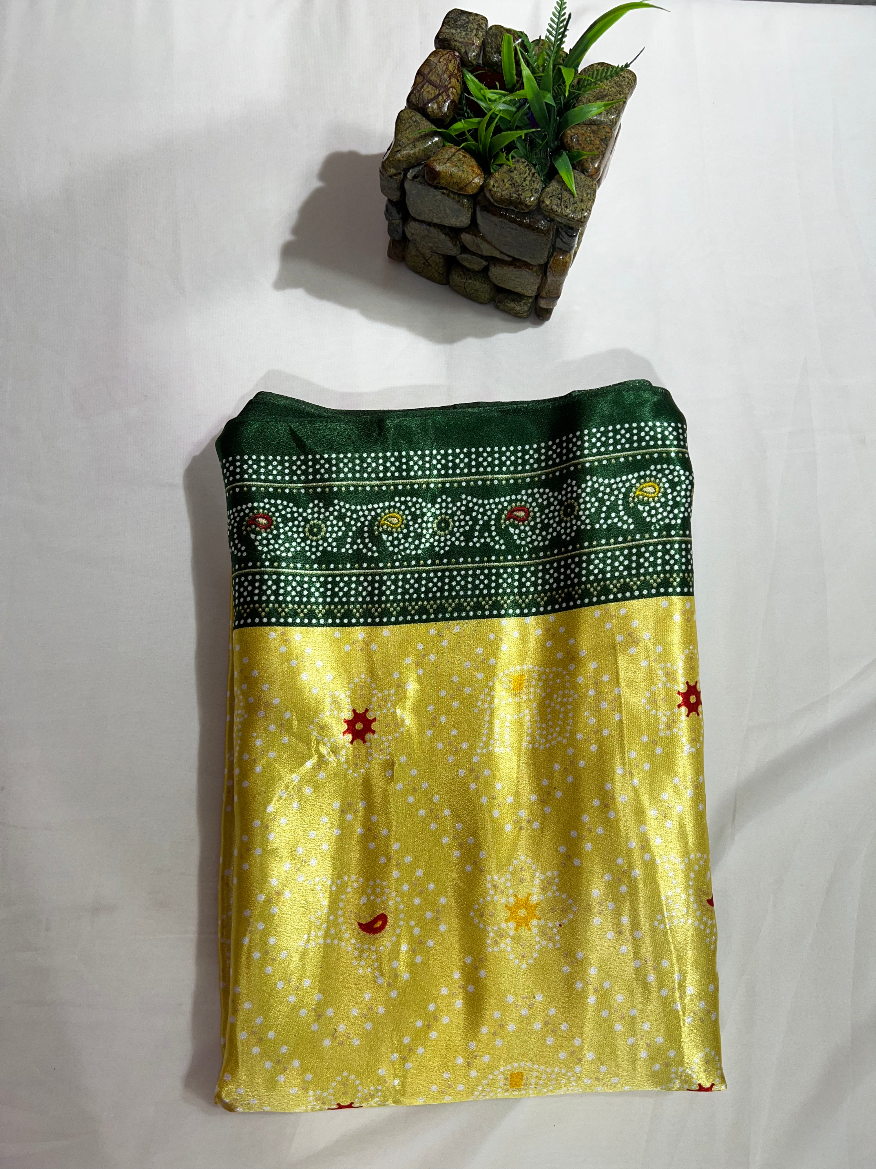 Lemon Yellow Crystal Crepe Dotted Print Saree with Beautiful Border & Pallu - Anita Jain Fashions