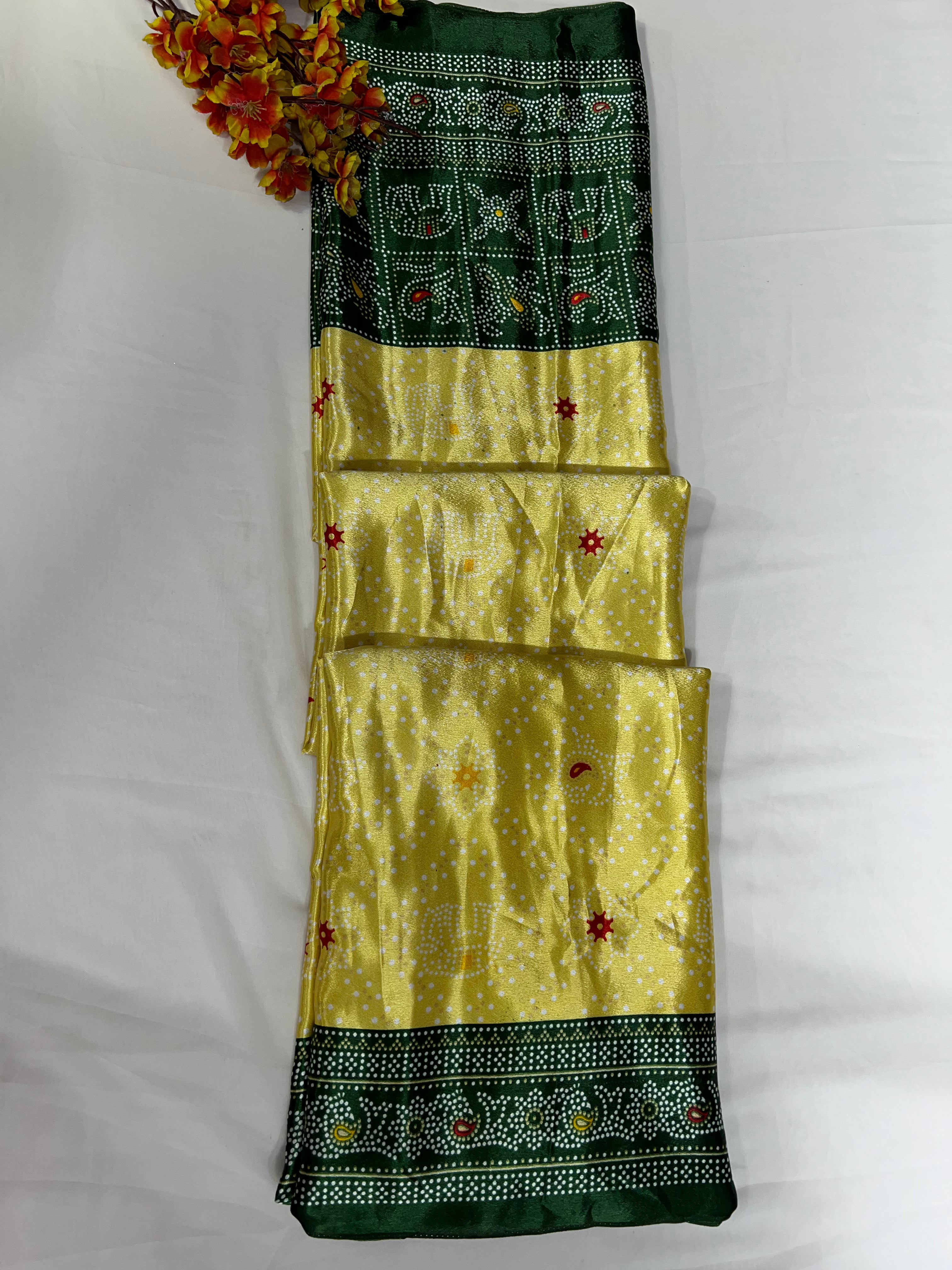 Lemon Yellow Crystal Crepe Dotted Print Saree with Beautiful Border & Pallu - Anita Jain Fashions