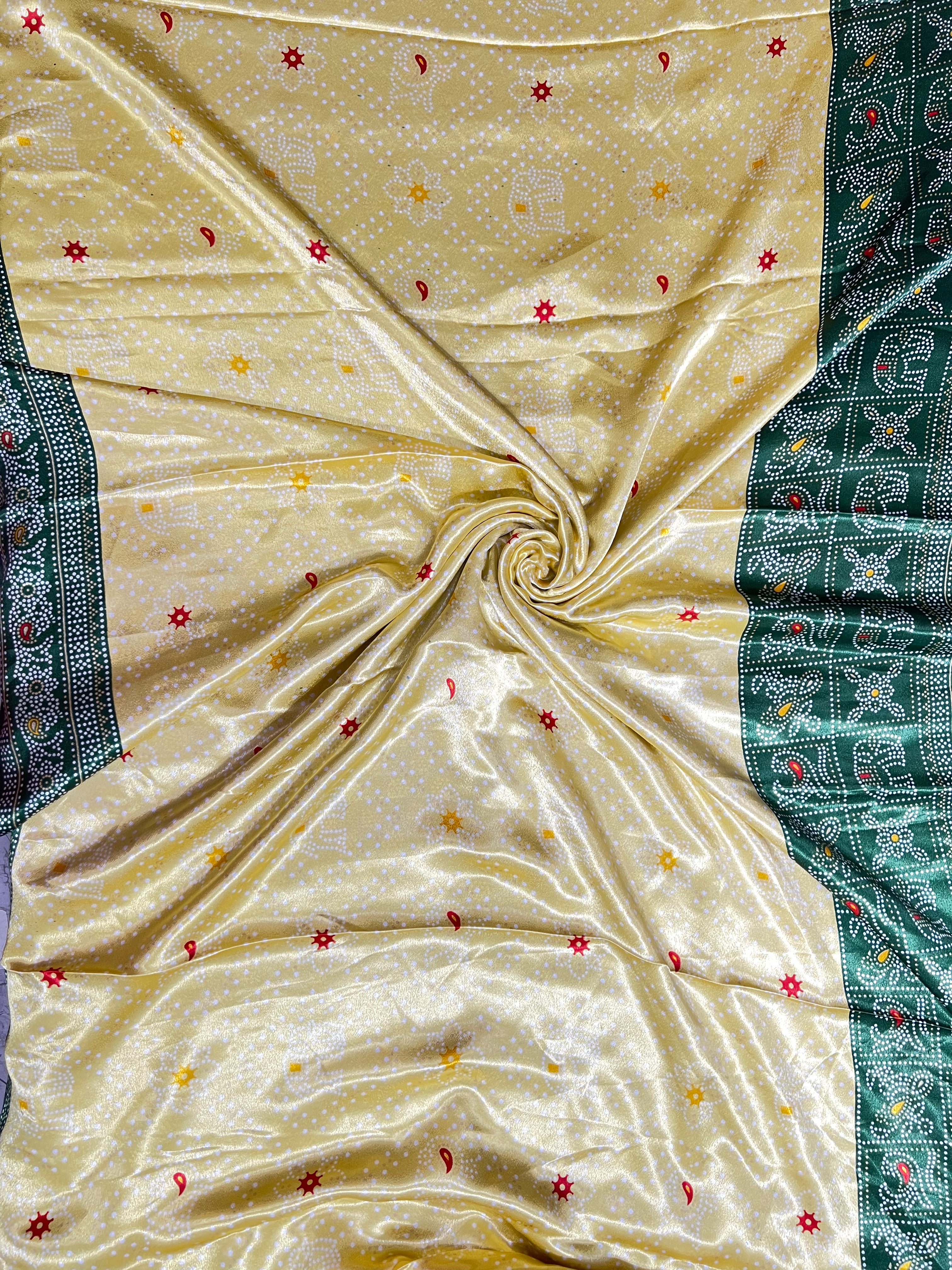 Lemon Yellow Crystal Crepe Dotted Print Saree with Beautiful Border & Pallu - Anita Jain Fashions