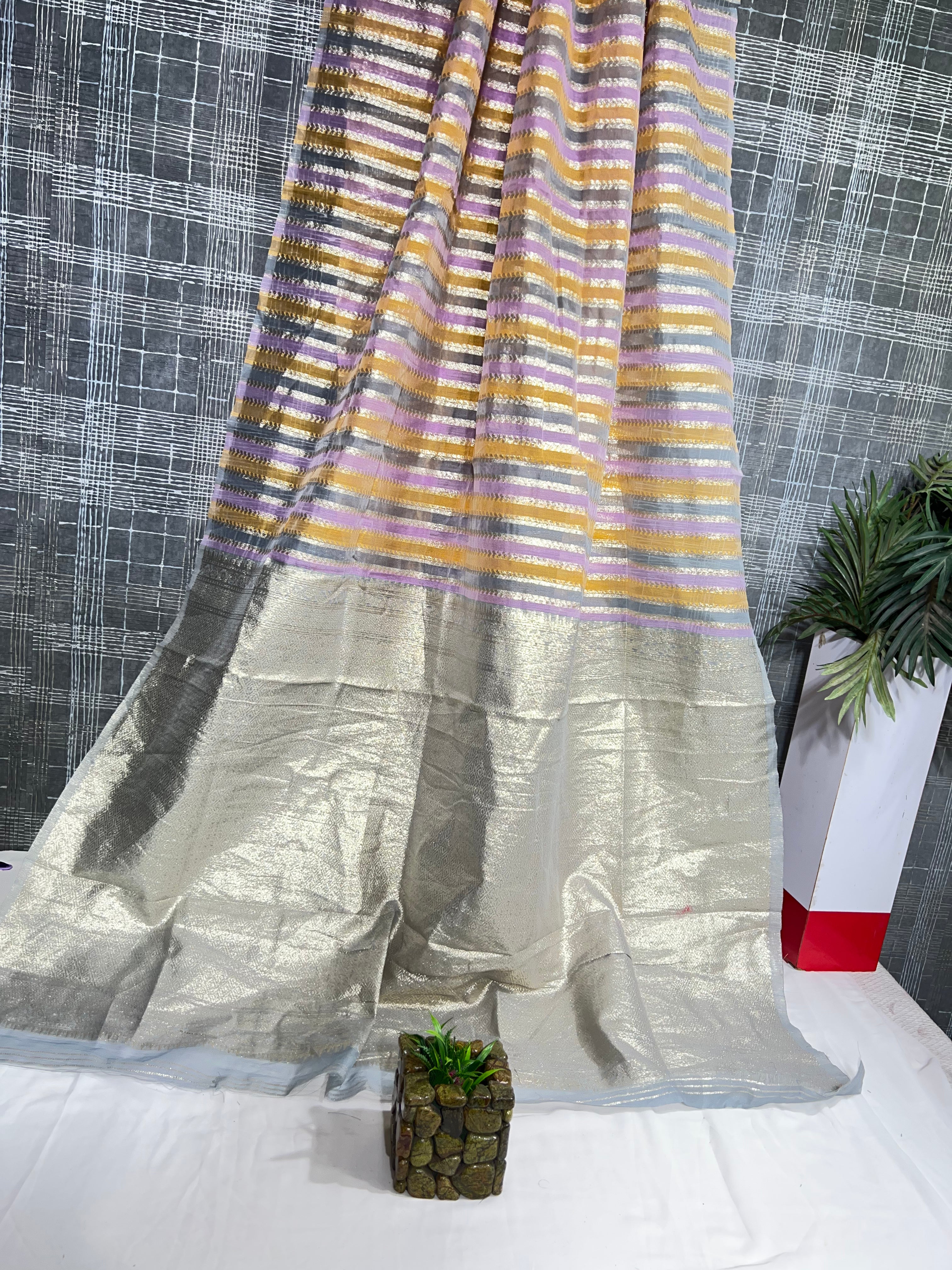 Chanderi Cotton Saree with Beautiful Grey Border & Pallu - Anita Jain Fashions