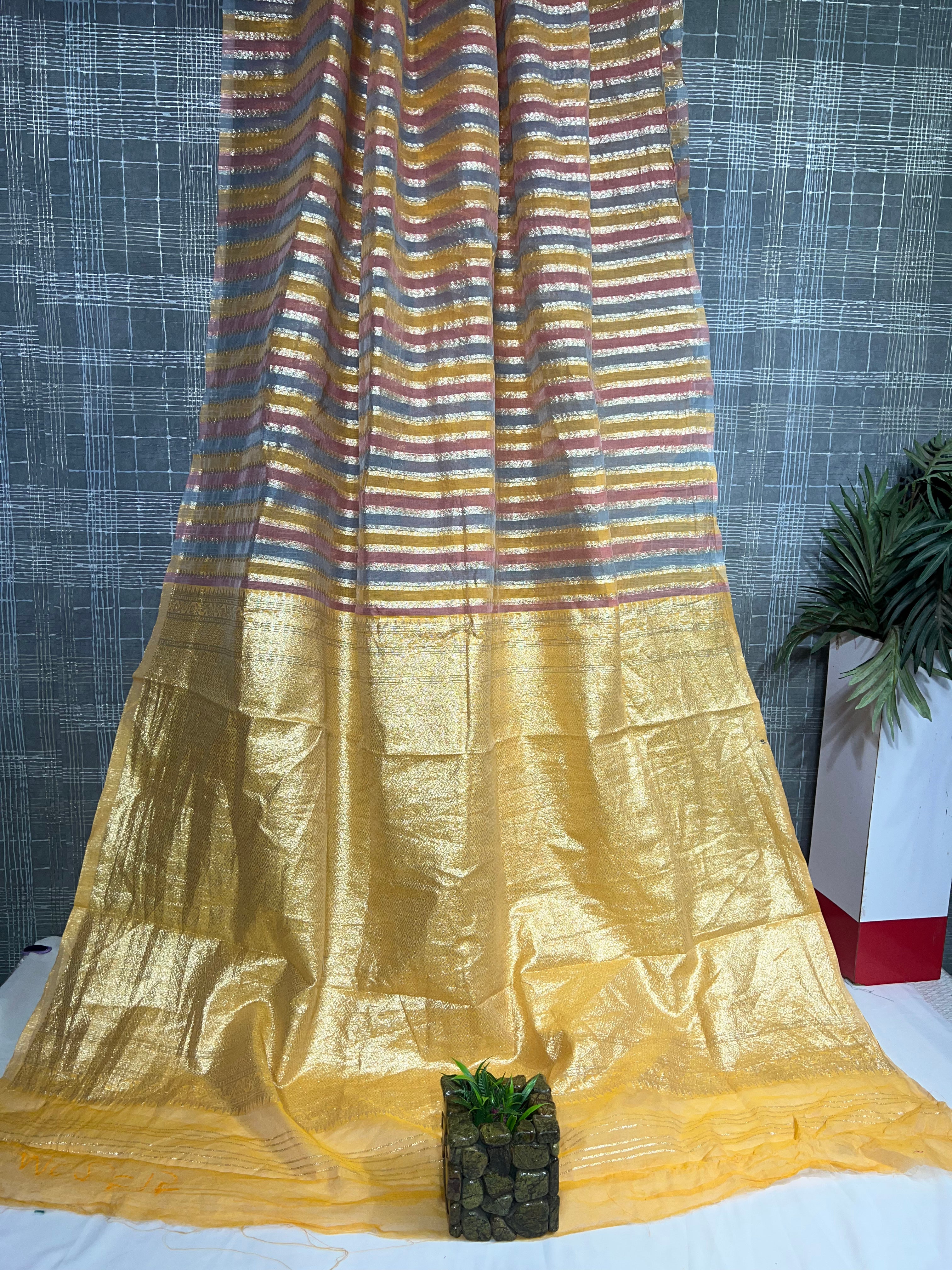 Chanderi Cotton Saree with Elegant Yellow Border & Pallu - Anita Jain Fashions