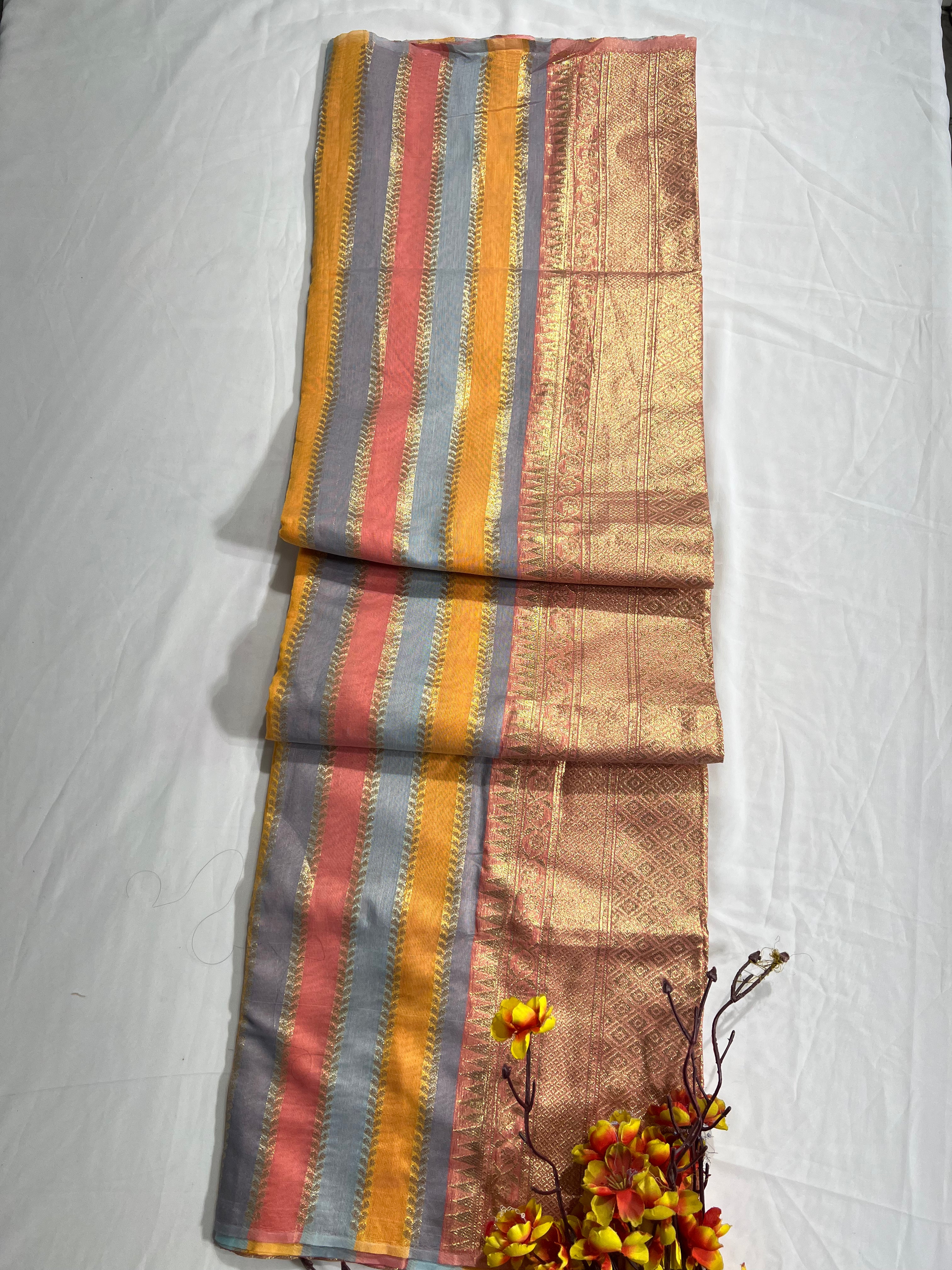 Chanderi Cotton Saree with Small Lining & Gajri Pink Border Pallu - Anita Jain Fashions