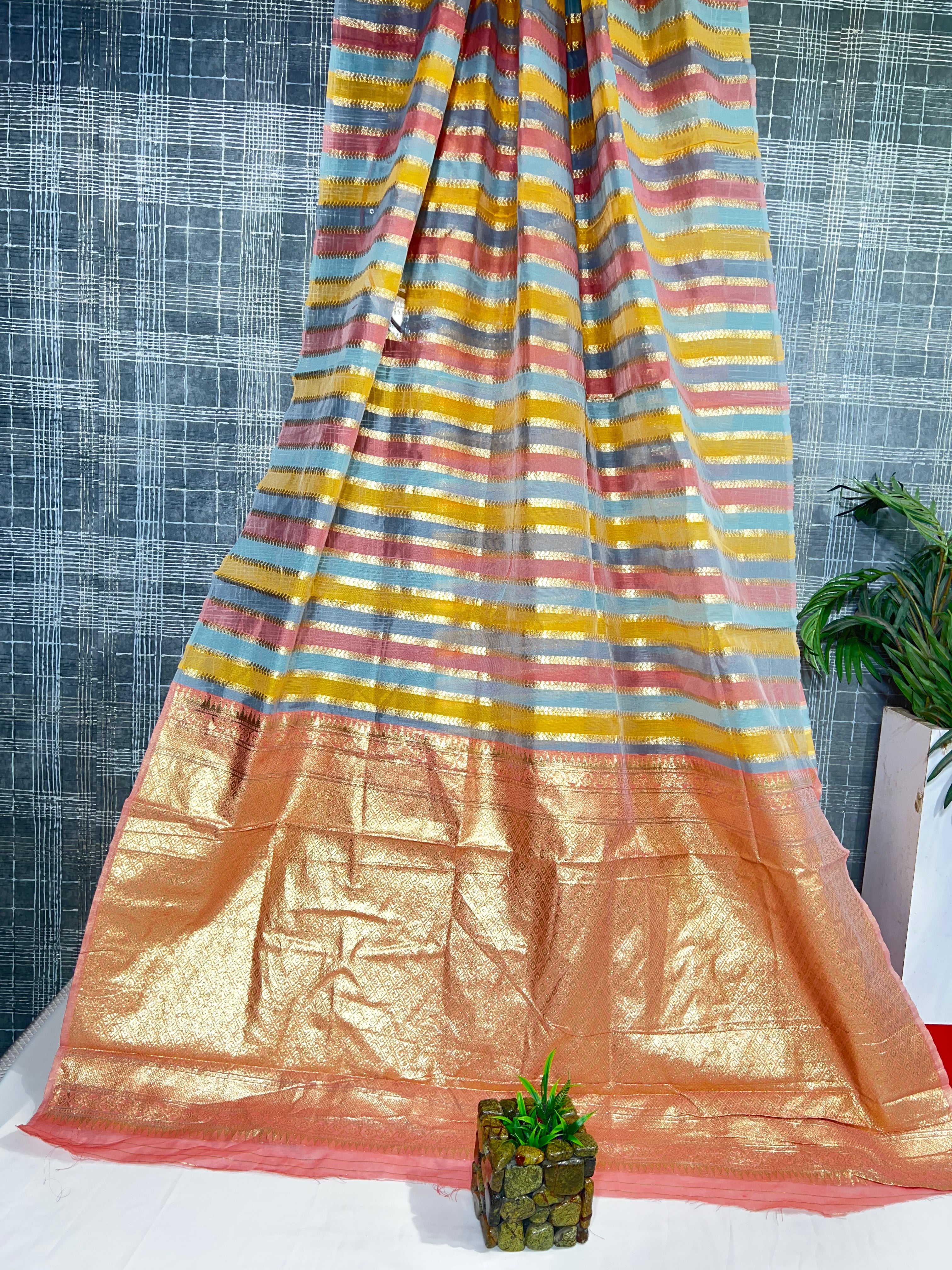 Chanderi Cotton Saree with Small Lining & Gajri Pink Border Pallu - Anita Jain Fashions