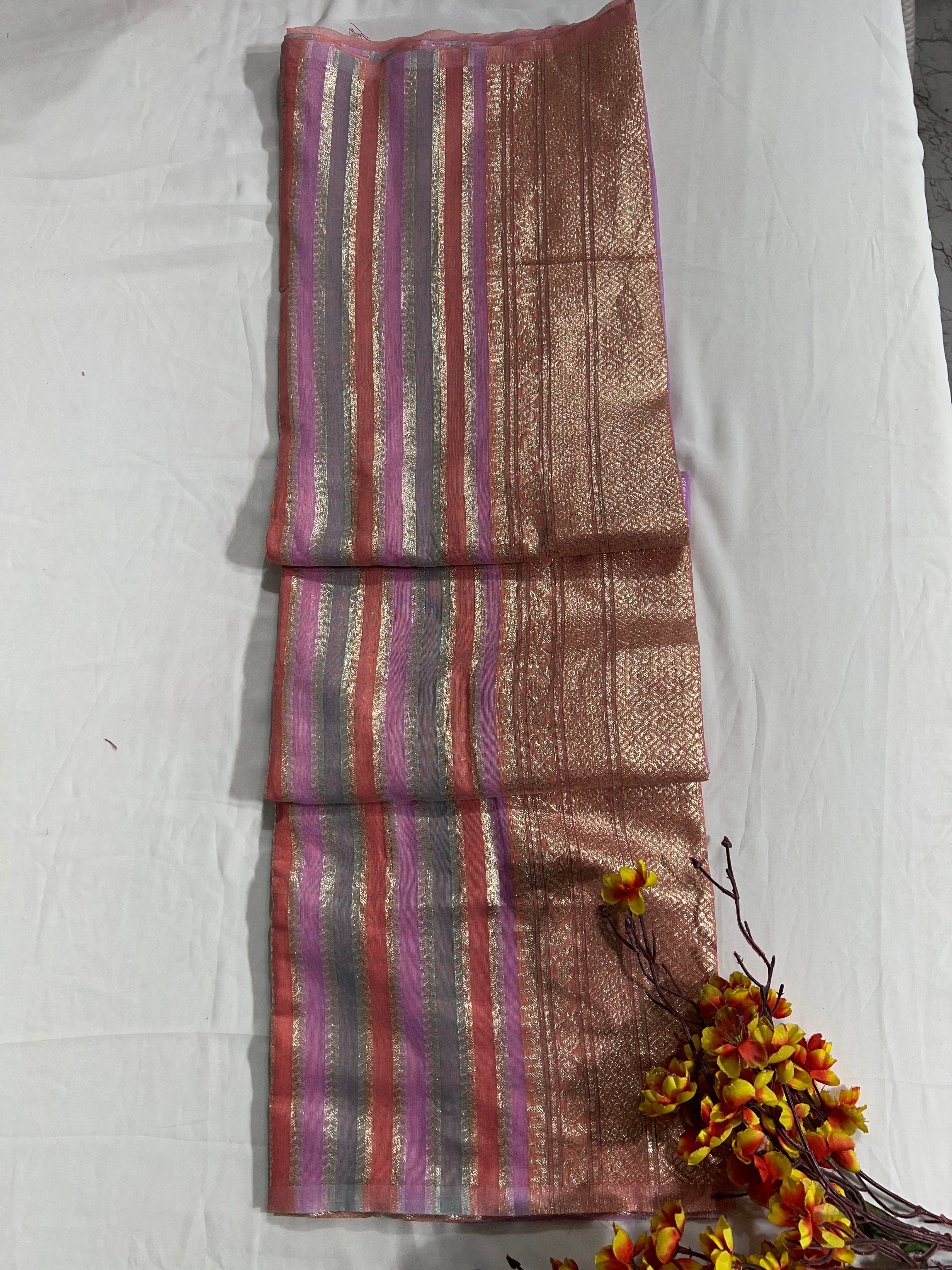 Chanderi Cotton Saree with Small Lining & Peach Border Pallu - Anita Jain Fashions