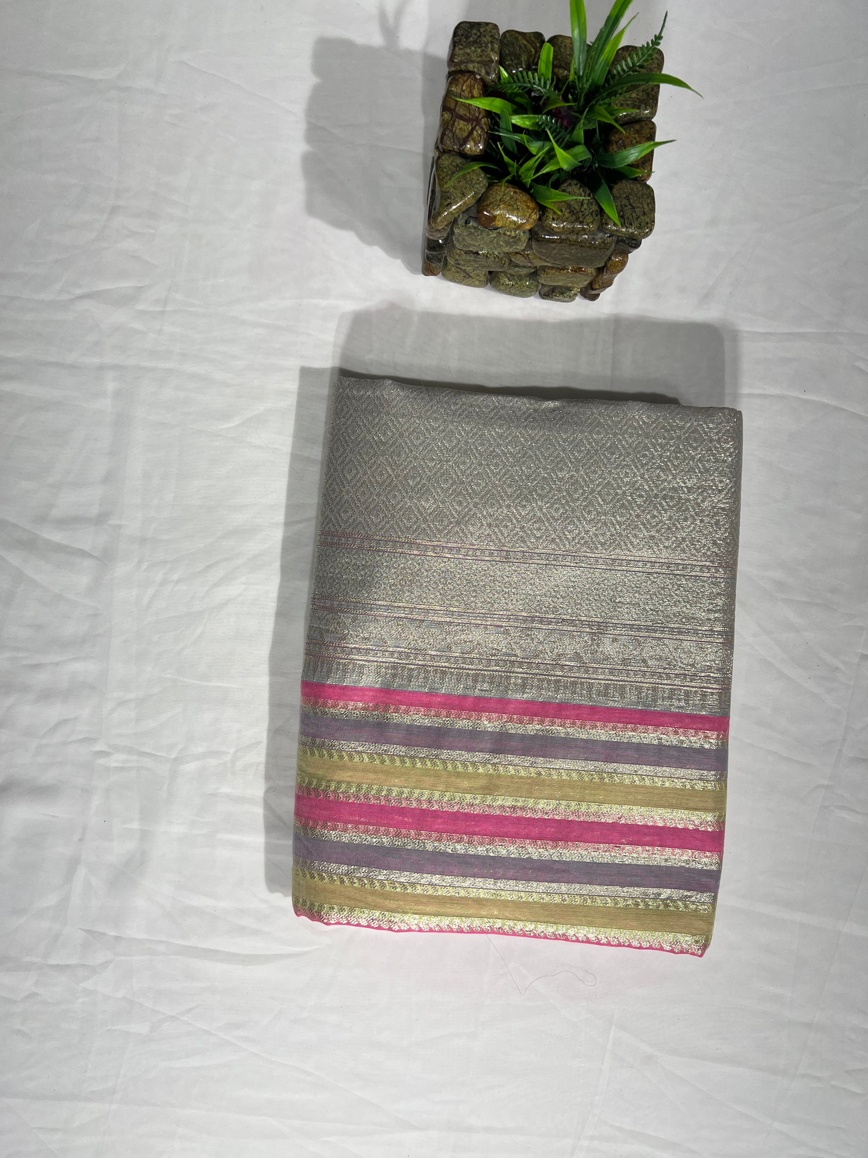 Chanderi Cotton Saree with Small Lining & Grey Border Pallu - Anita Jain Fashions