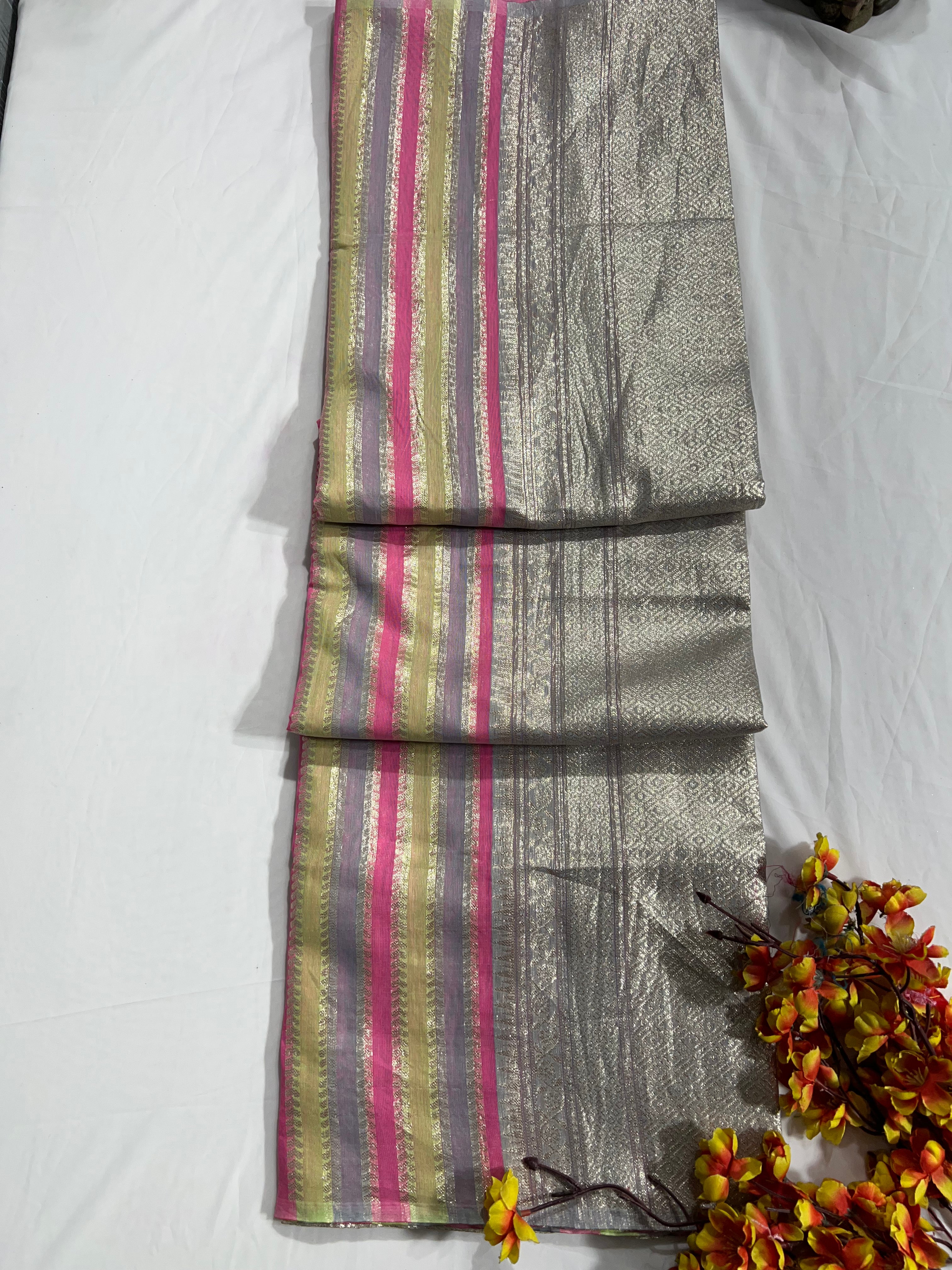 Chanderi Cotton Saree with Small Lining & Grey Border Pallu - Anita Jain Fashions