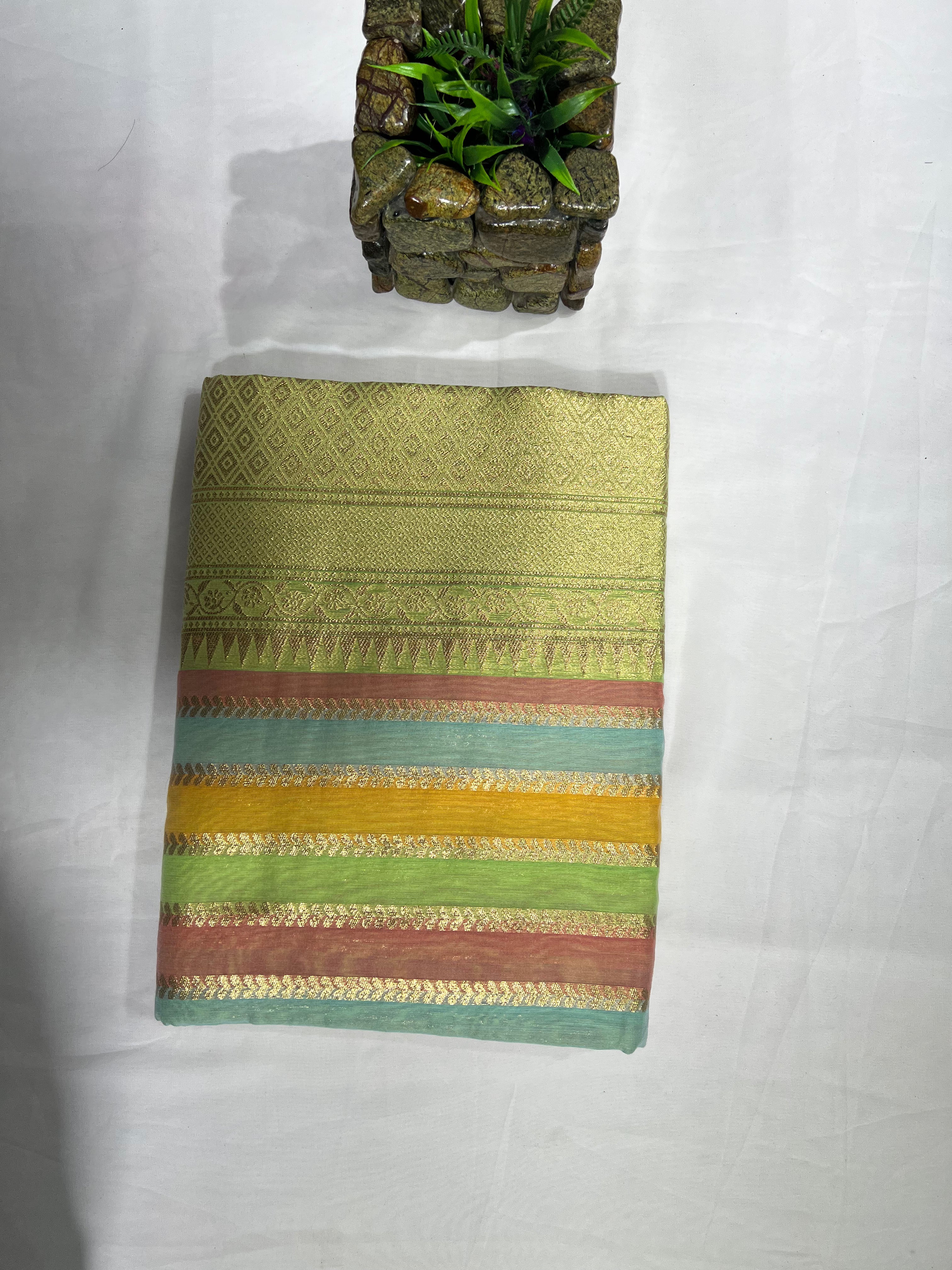 Chanderi Cotton Saree with Elegant Pista Green Border & Pallu - Anita Jain Fashions