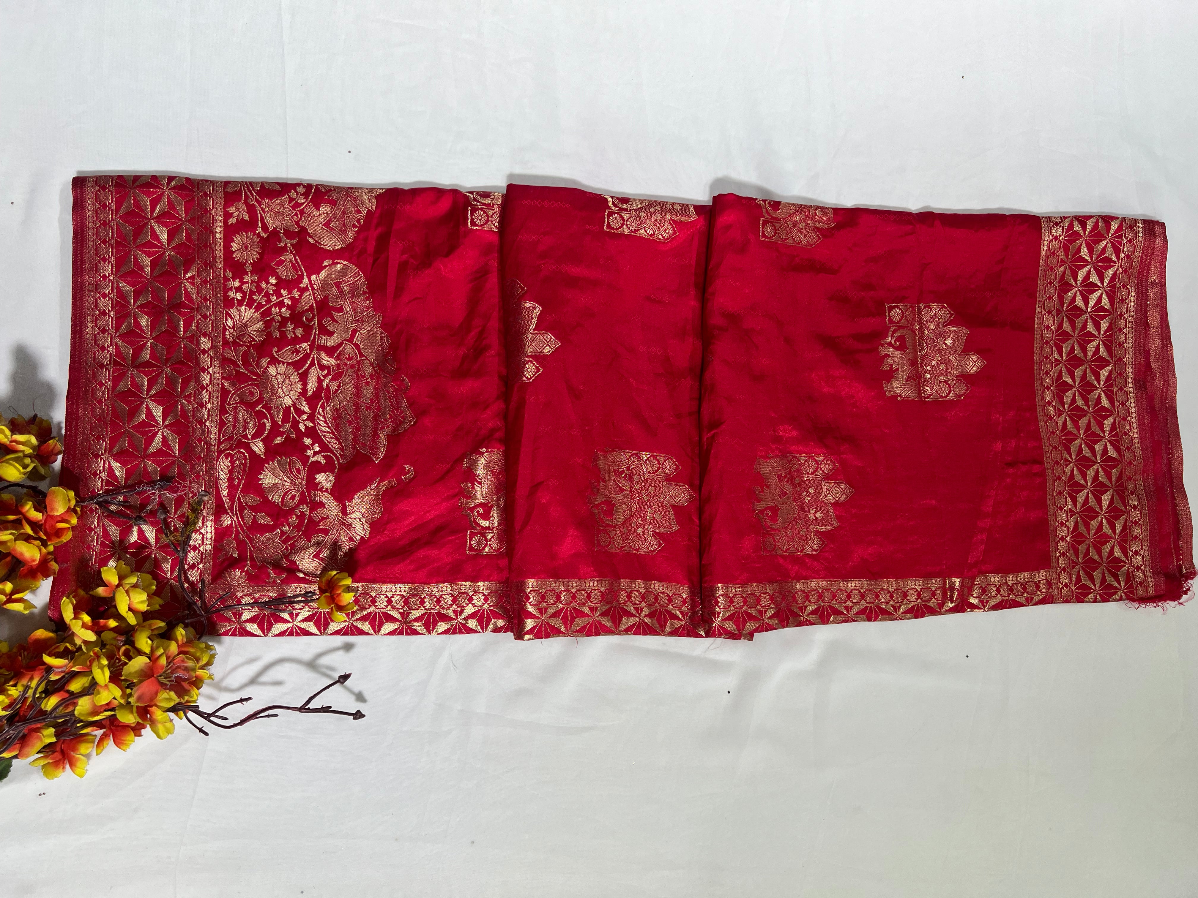 Red Rose Satin Gajji Silk Saree with Beautiful Zari Pallu - Anita Jain Fashions