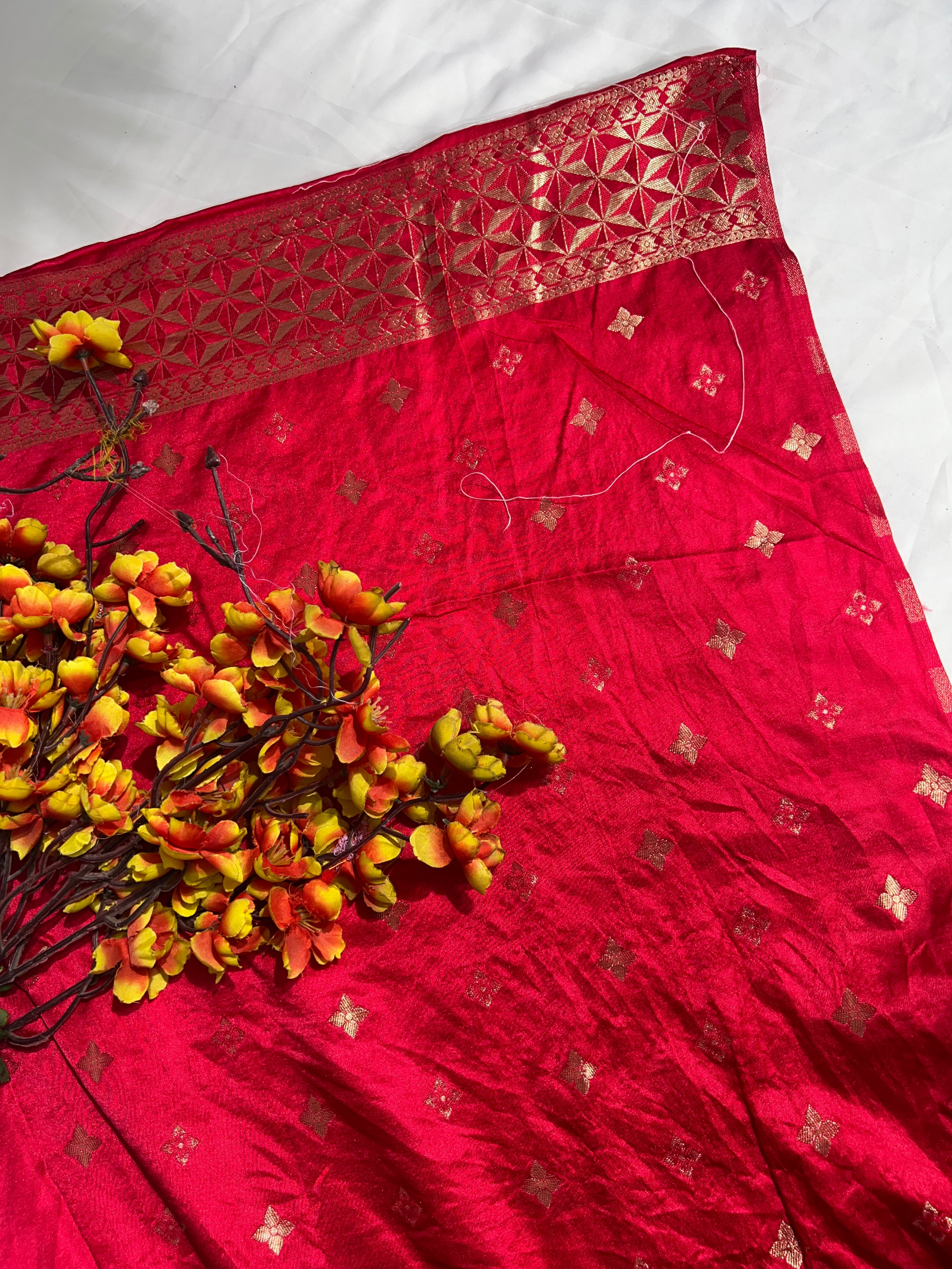 Red Rose Satin Gajji Silk Saree with Beautiful Zari Pallu - Anita Jain Fashions