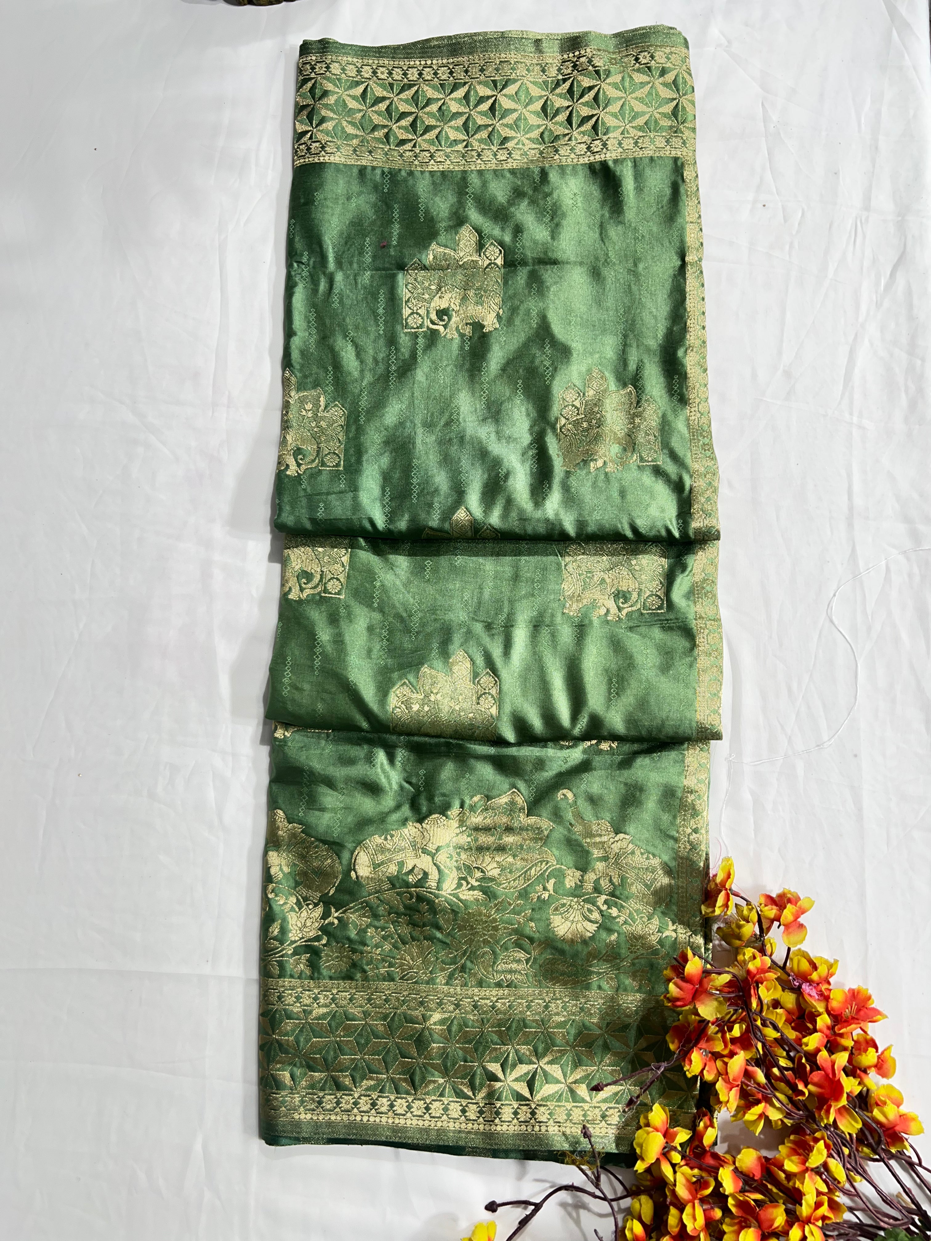 Pista Green Satin Gajji Silk Saree with Beautiful Zari Pallu - Anita Jain Fashions