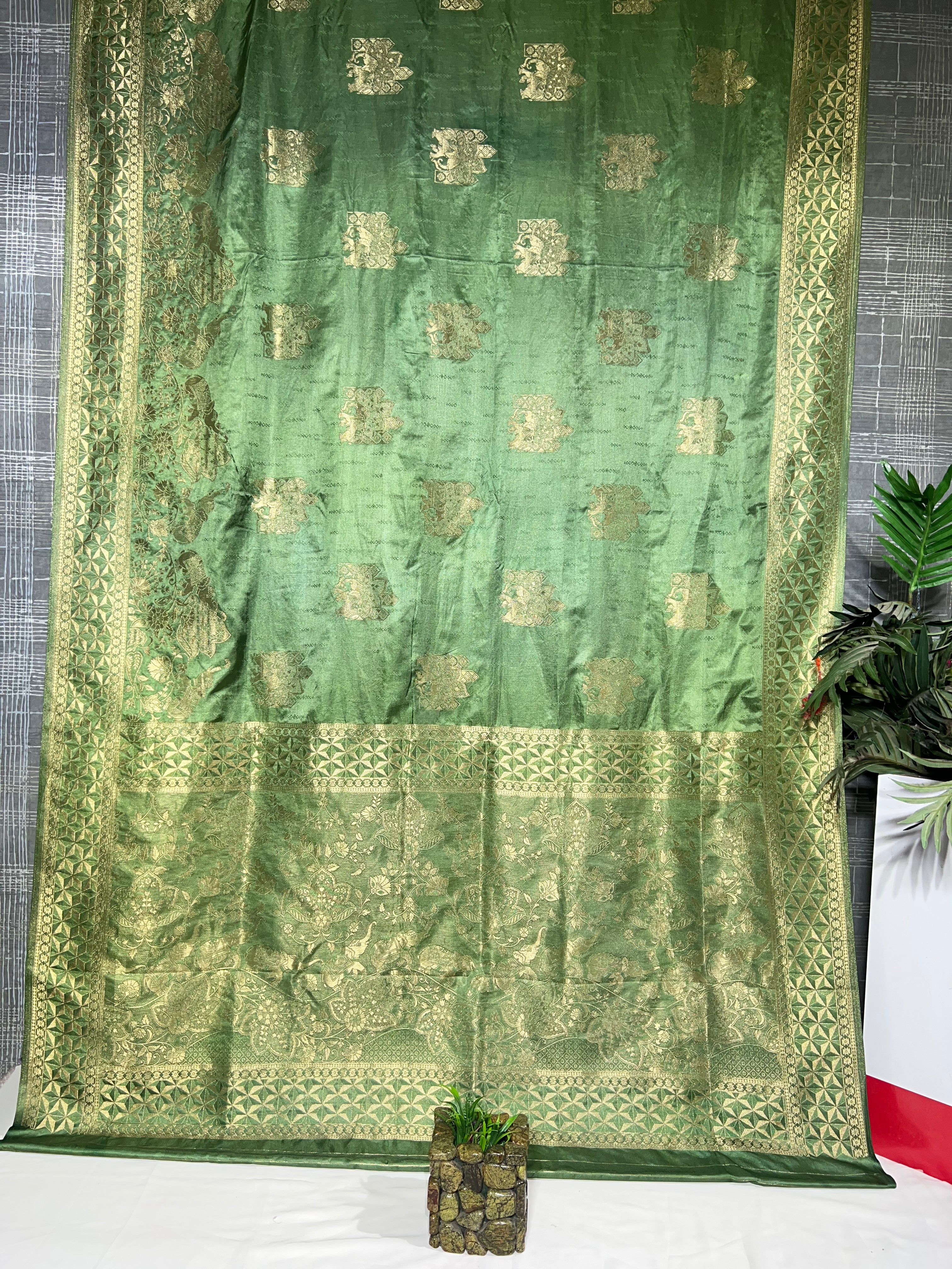 Pista Green Satin Gajji Silk Saree with Beautiful Zari Pallu - Anita Jain Fashions