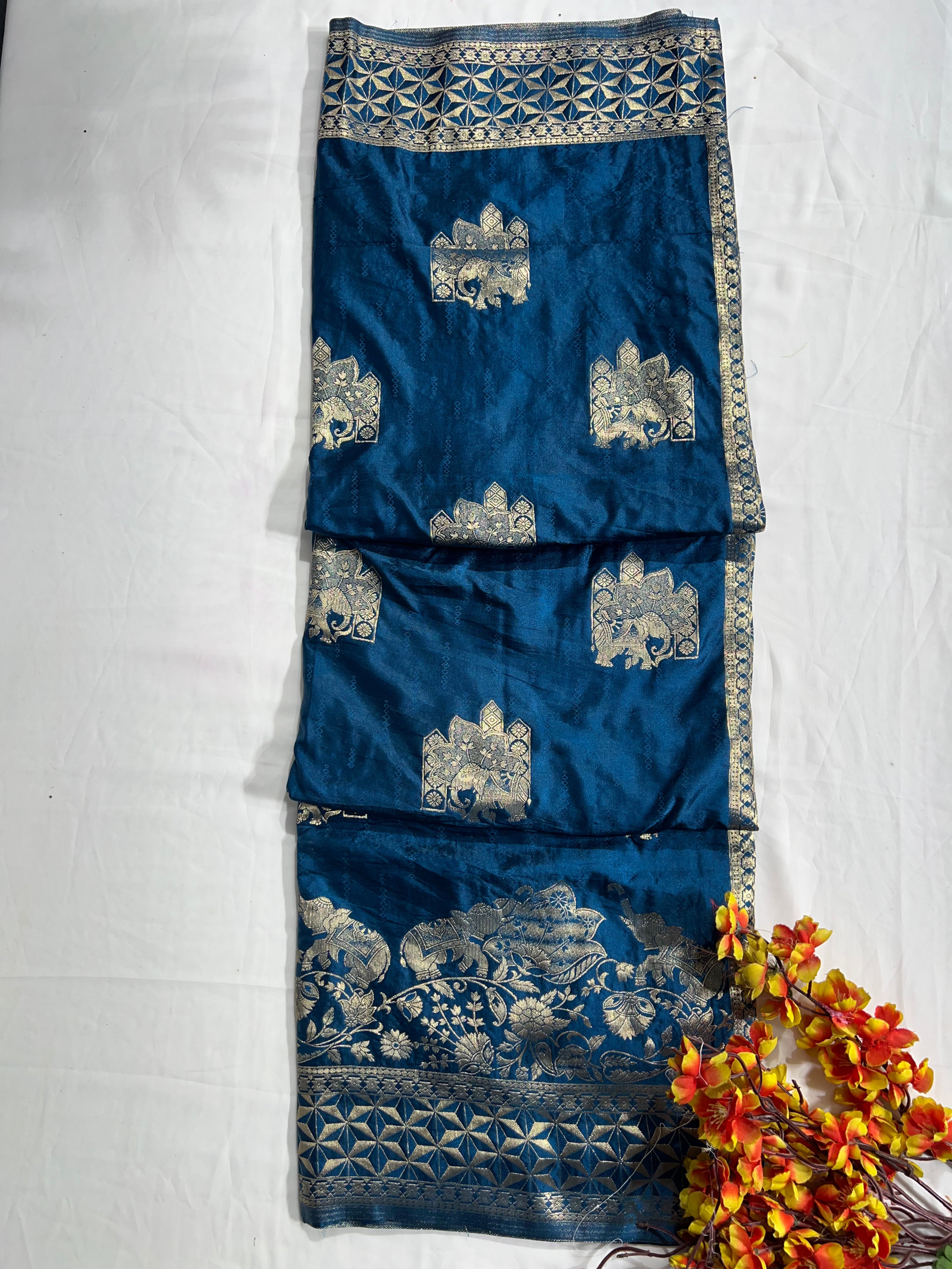 Blue Satin Gajji Silk Saree with Beautiful Zari Pallu - Anita Jain Fashions