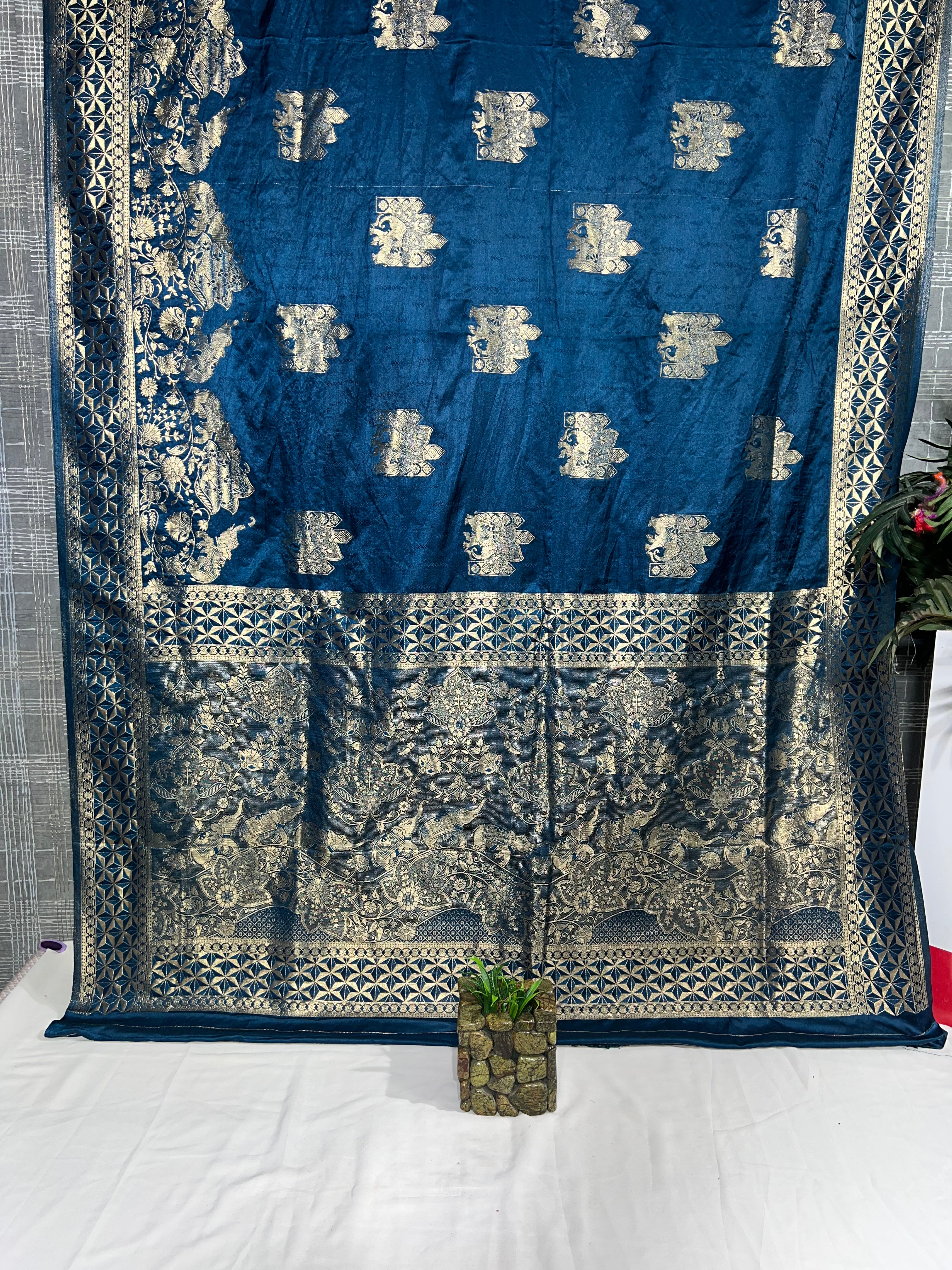 Blue Satin Gajji Silk Saree with Beautiful Zari Pallu - Anita Jain Fashions