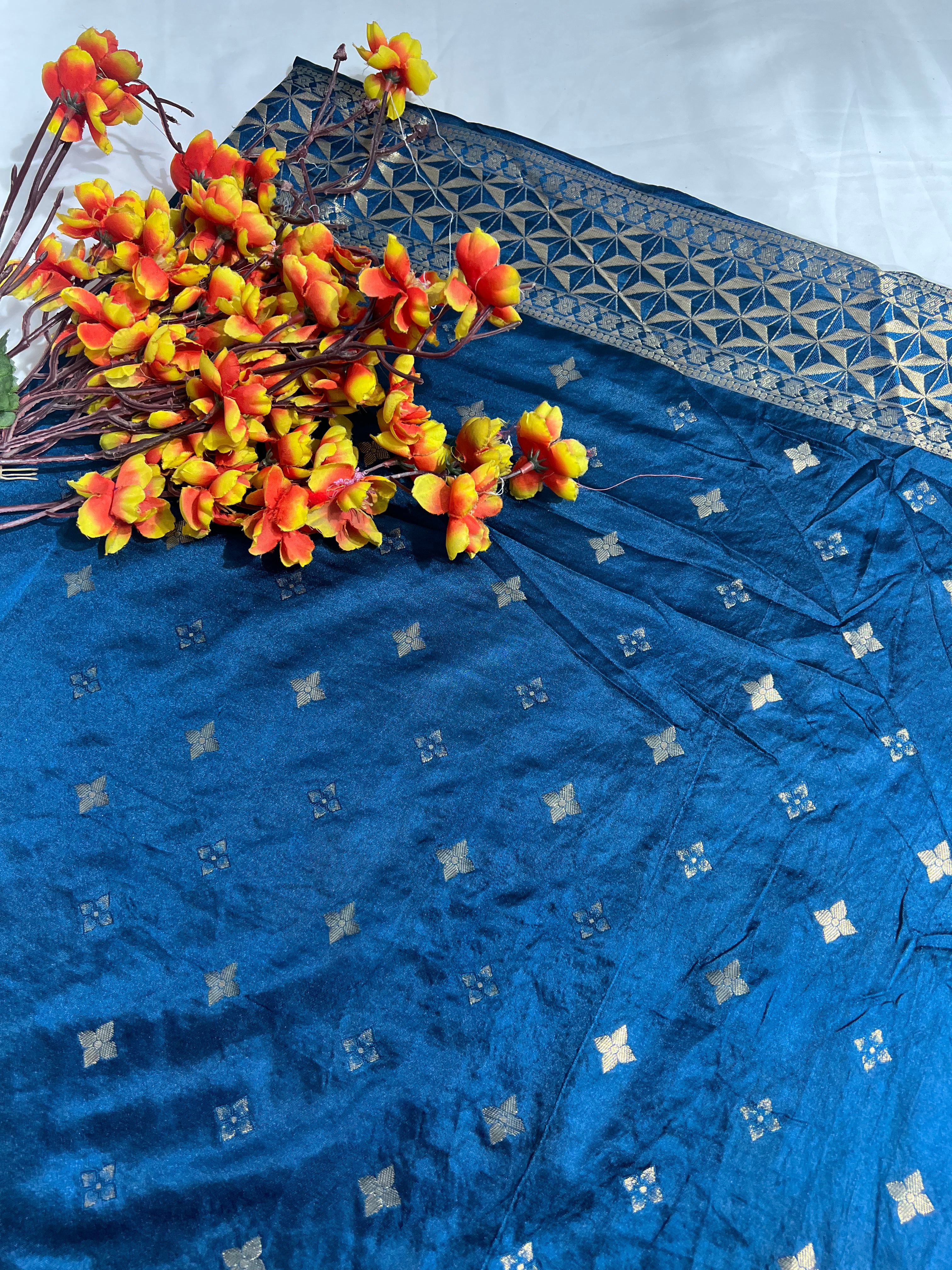 Blue Satin Gajji Silk Saree with Beautiful Zari Pallu - Anita Jain Fashions