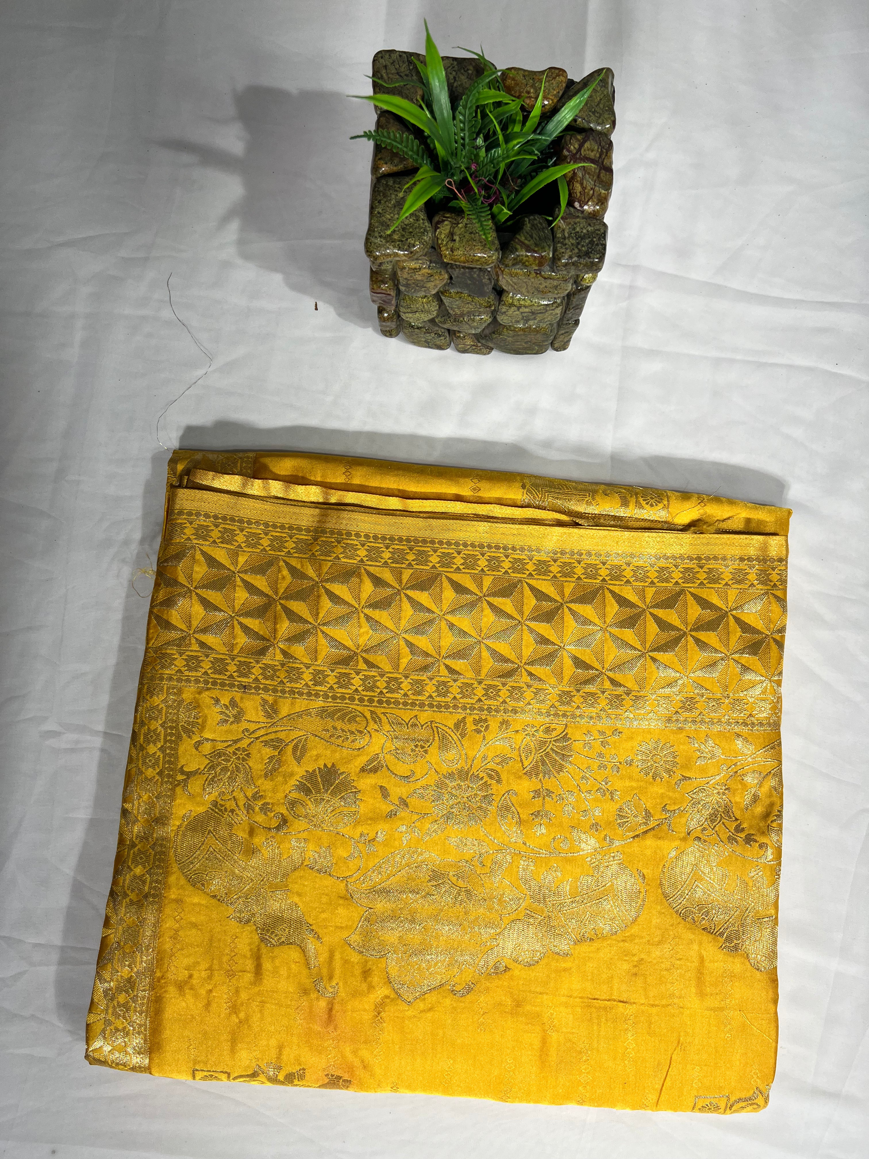 Yellow Satin Gajji Silk Saree with Beautiful Zari Pallu - Anita Jain Fashions