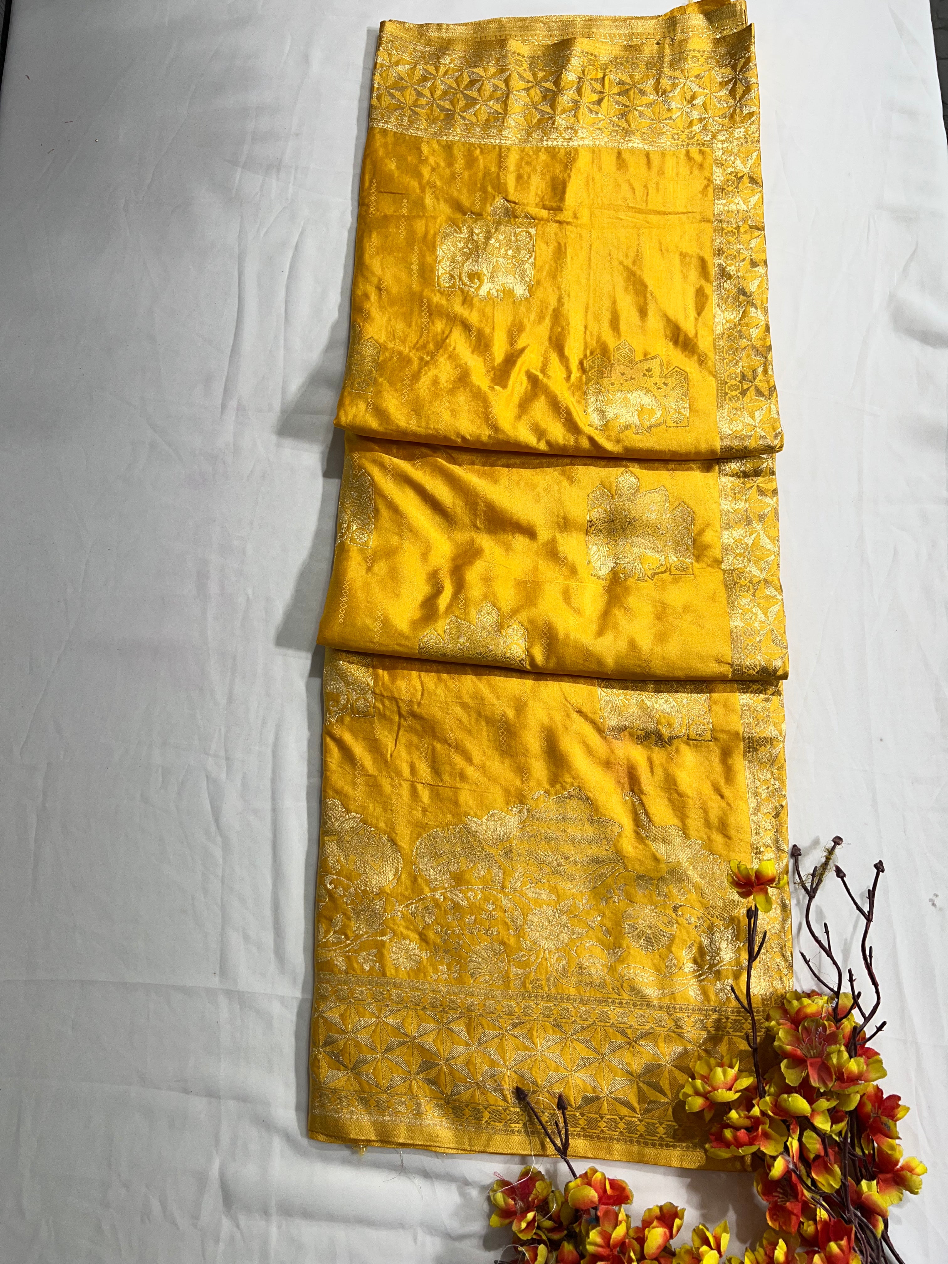 Yellow Satin Gajji Silk Saree with Beautiful Zari Pallu - Anita Jain Fashions