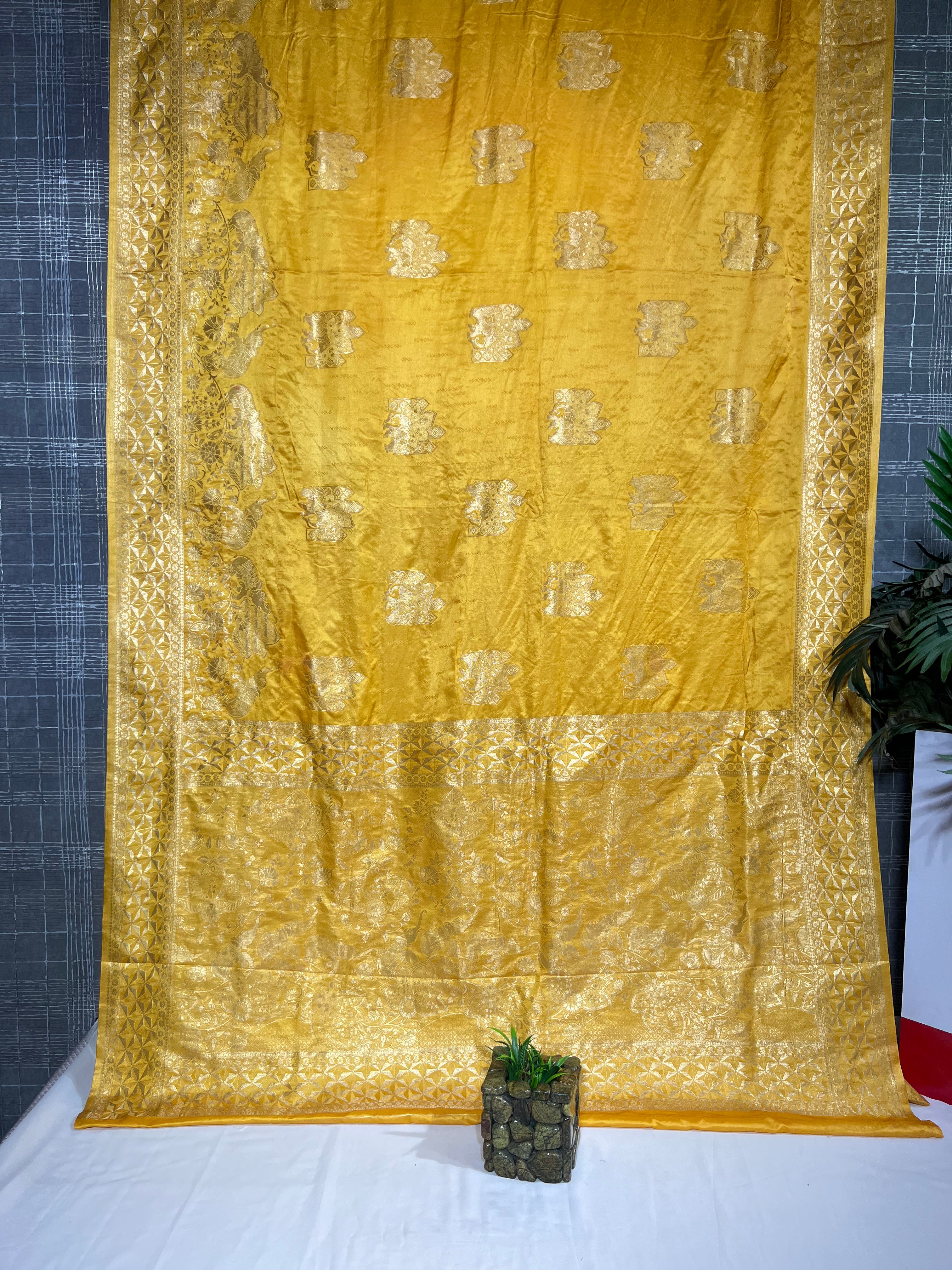 Yellow Satin Gajji Silk Saree with Beautiful Zari Pallu - Anita Jain Fashions