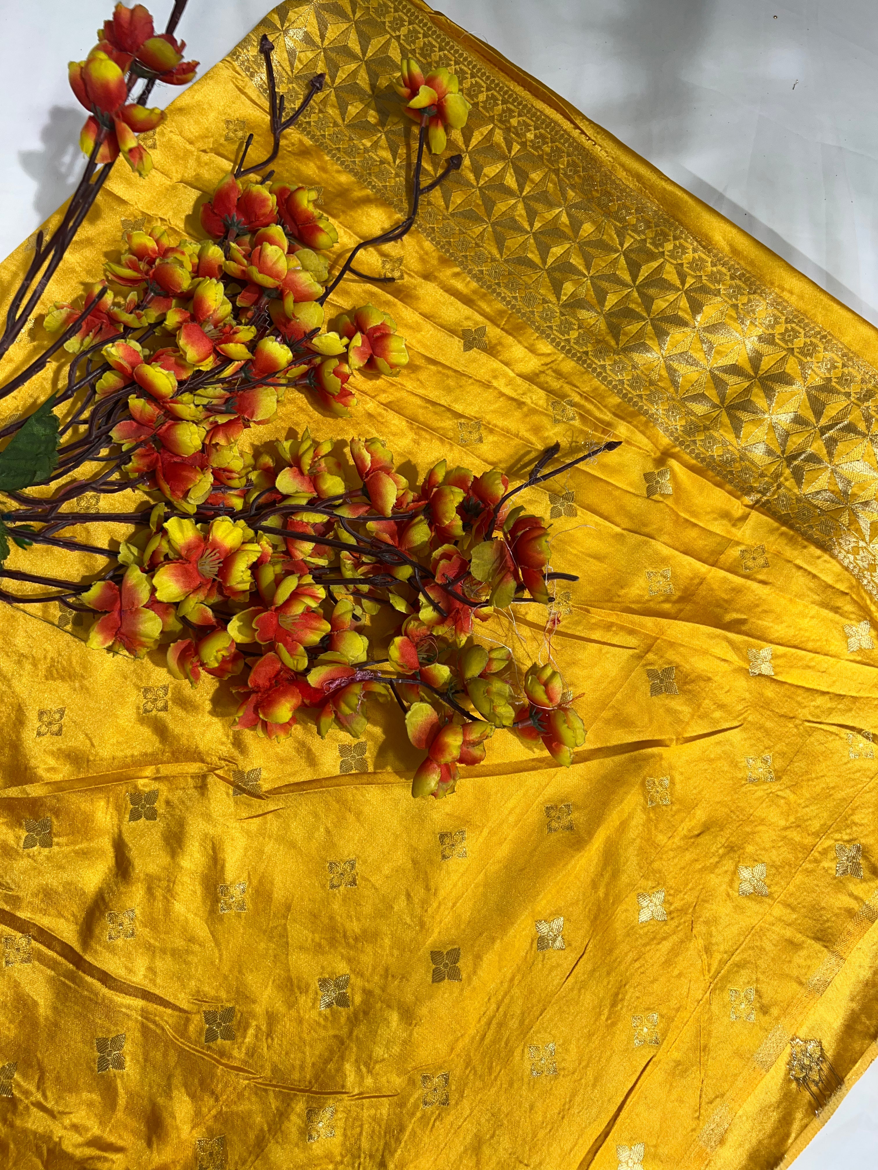 Yellow Satin Gajji Silk Saree with Beautiful Zari Pallu - Anita Jain Fashions