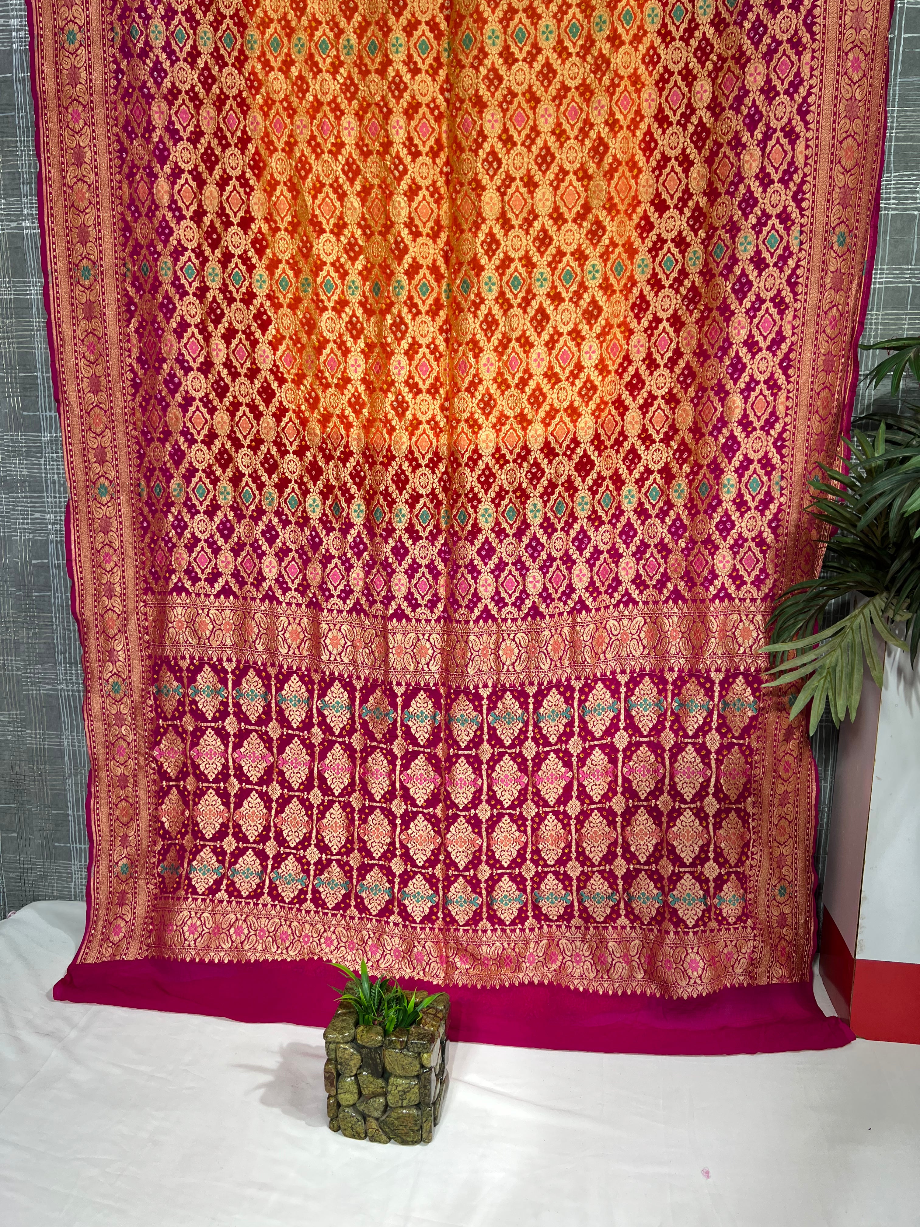 Orange Pink Meenakari Khaddi Georgette Saree with Ghatchola & Square Booty Design Pallu & Blouse