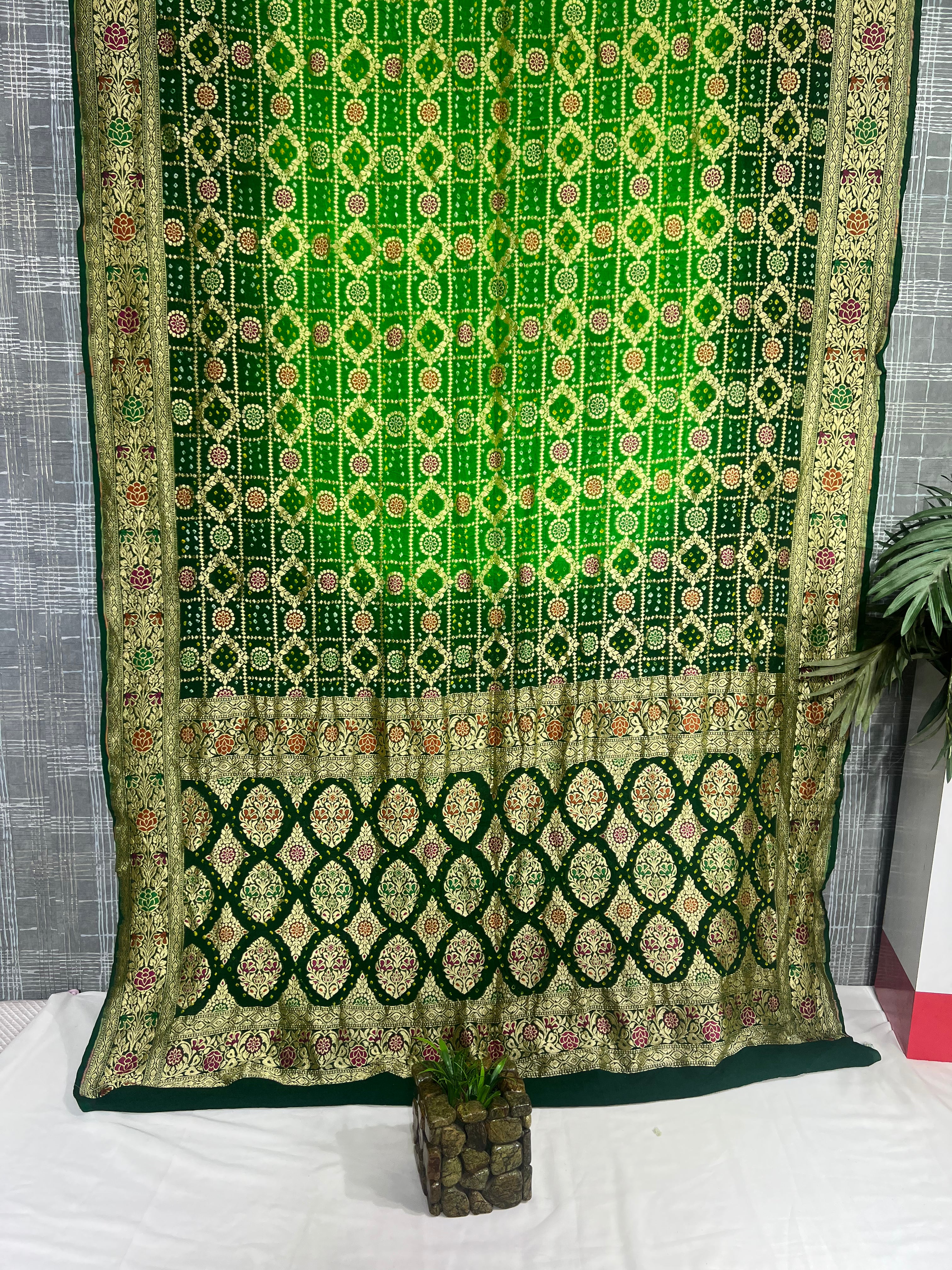 Green Parrot Meenakari Khaddi Georgette Saree with Booty & Square Design Pallu & Blouse