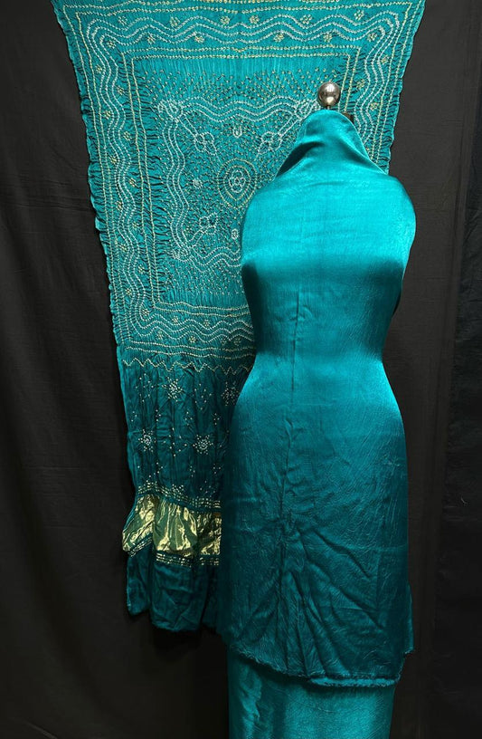 Pure modaal hand b"Turquoise Modaal Gajji silk suit set with hand Bandhani and golden Lagdi Patta dupatta – Anita Jain Fashions"
