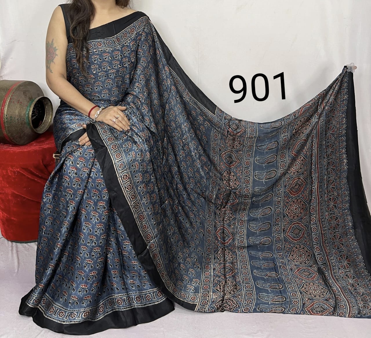 Grey Azrakh Print Hand Block Saree with Black Border & Keri Style Pallu - Anita Jain Fashions