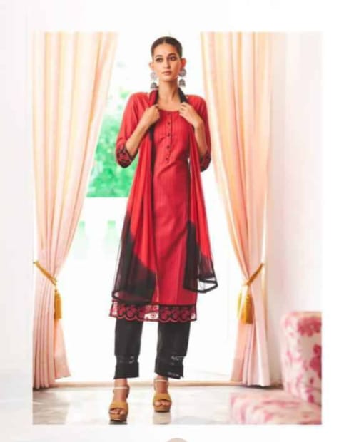 Red 3-Piece Cotton Suit with Lining & Embroidery Design