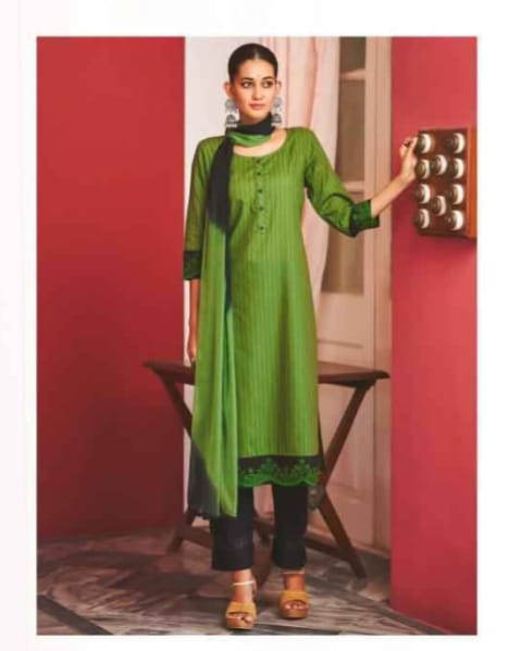 Green 3-Piece Cotton Suit with Lining & Embroidery Design