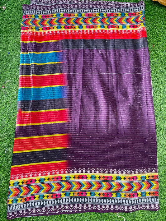Purple Chanderi Silk Saree with Multicolor Tribal Pattern & Striped Pallu