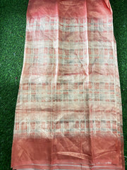 Peach Tissue Silk Saree with Golden Checkered Pattern and Shaded Pallu